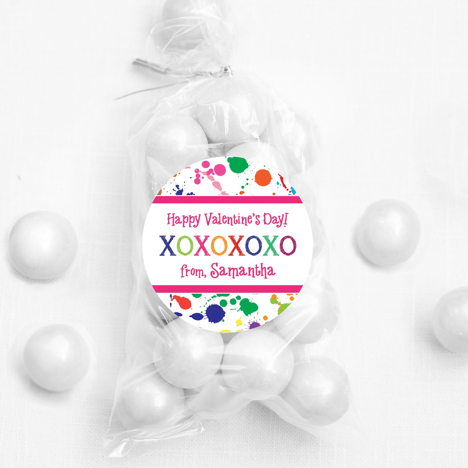 Paint Splatter Art Valentine Stickers " 2.5" round personalized for candy bags | PIPSY.com