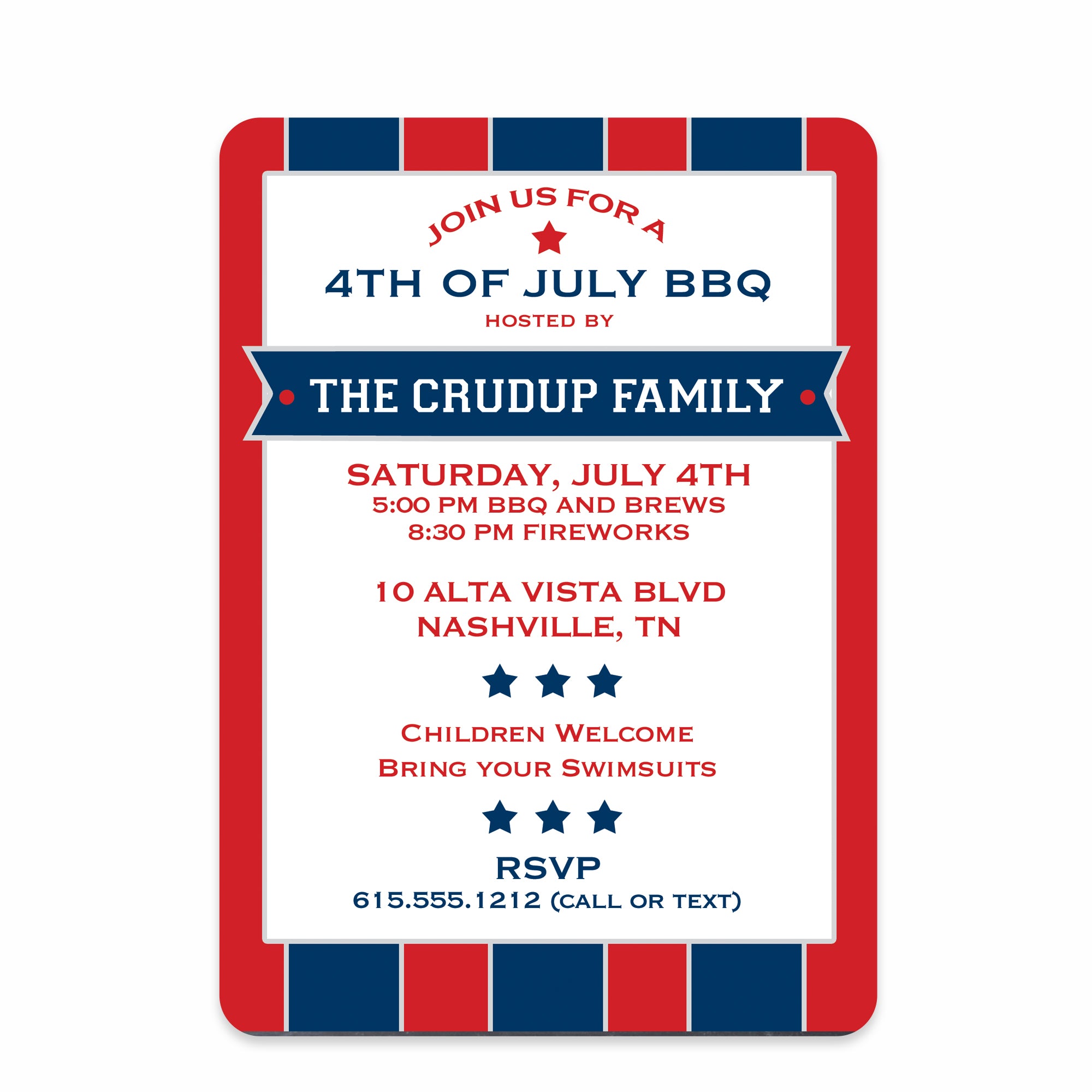 4th Of July Invitation, Patriot Stars and Stripes, Independence day invitation, heavyweight cardstock, PIPSY.COM, front