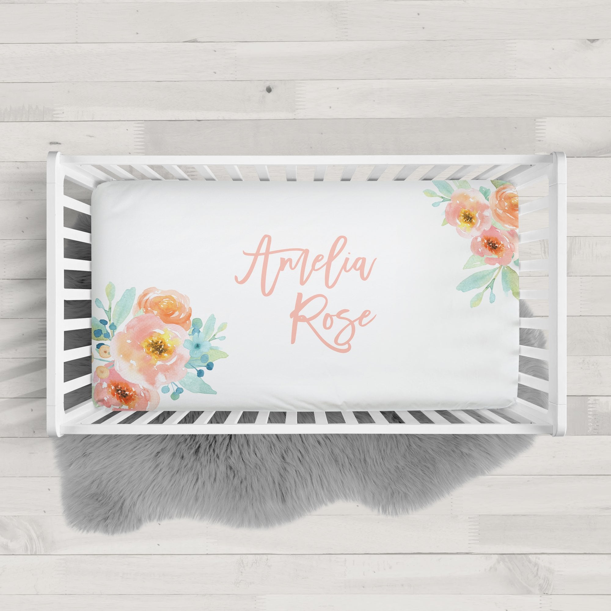 Peach roses fitted jersey knit personalized crib sheet | Pipsy.com