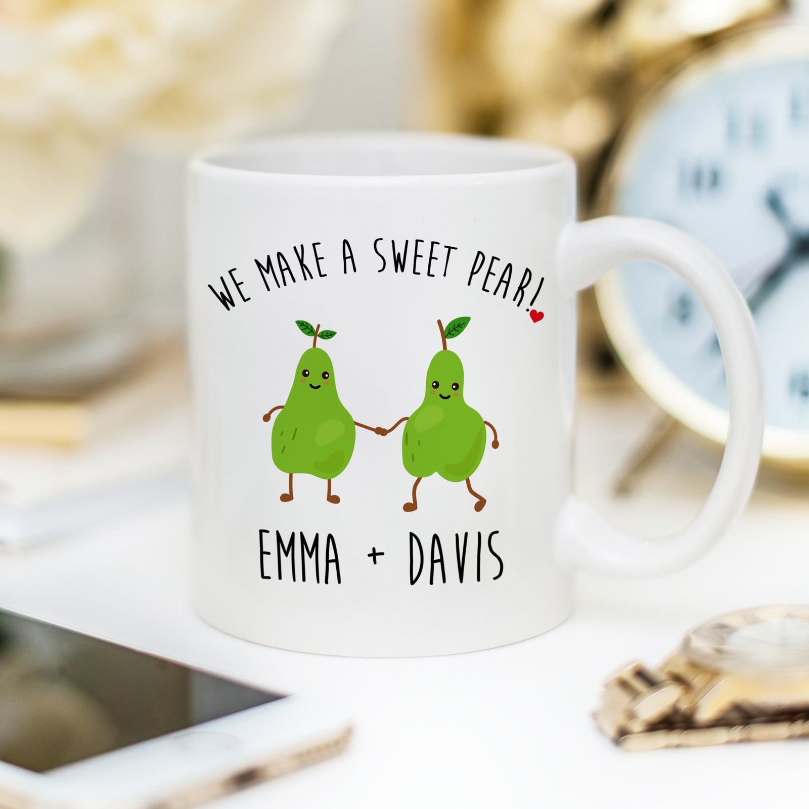 Pear Valentine's Day Mug, We make a sweet pear followed by the couple's names, Pipsy.com