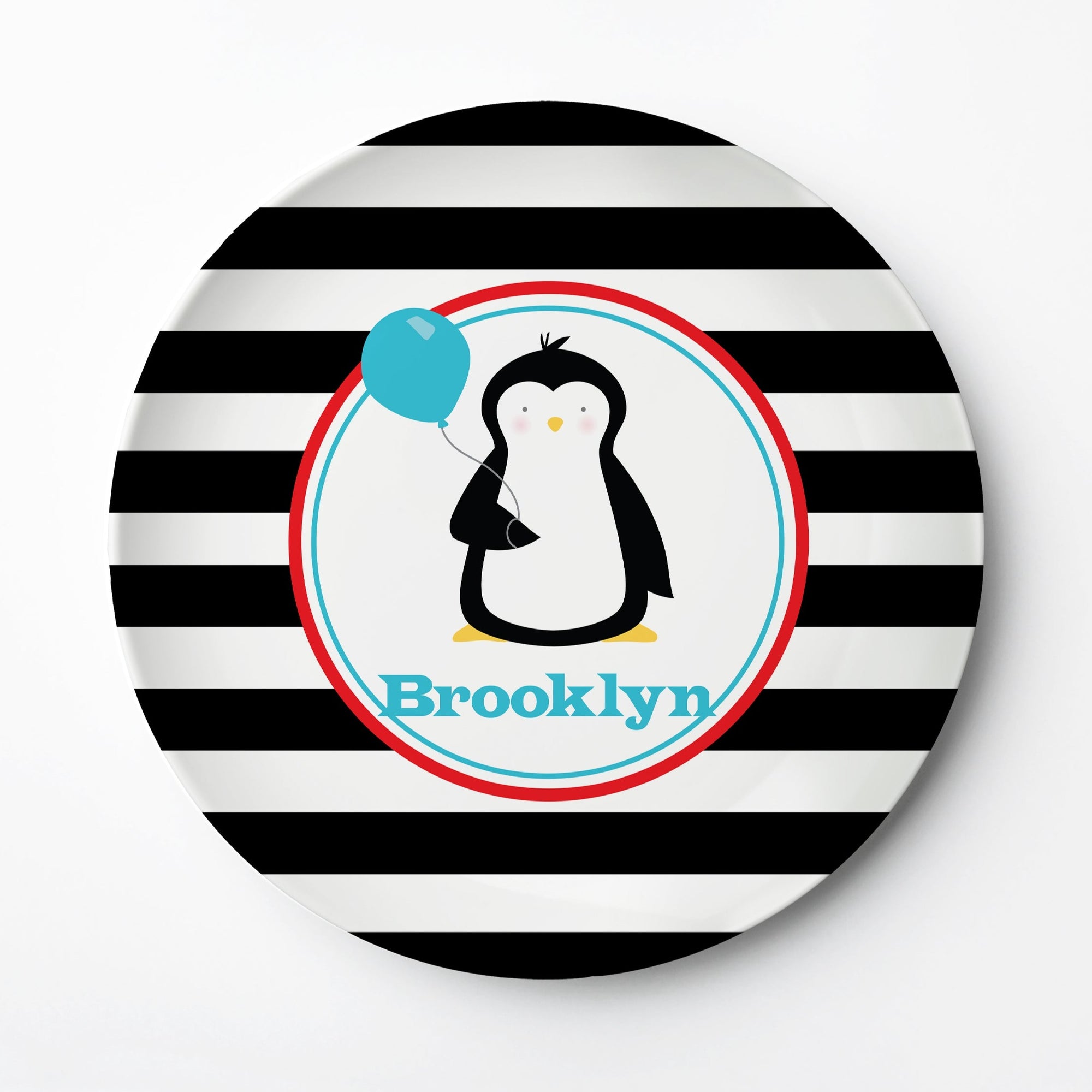 Penguin Personalized kids plate, black and white stripes, Pipsy.com