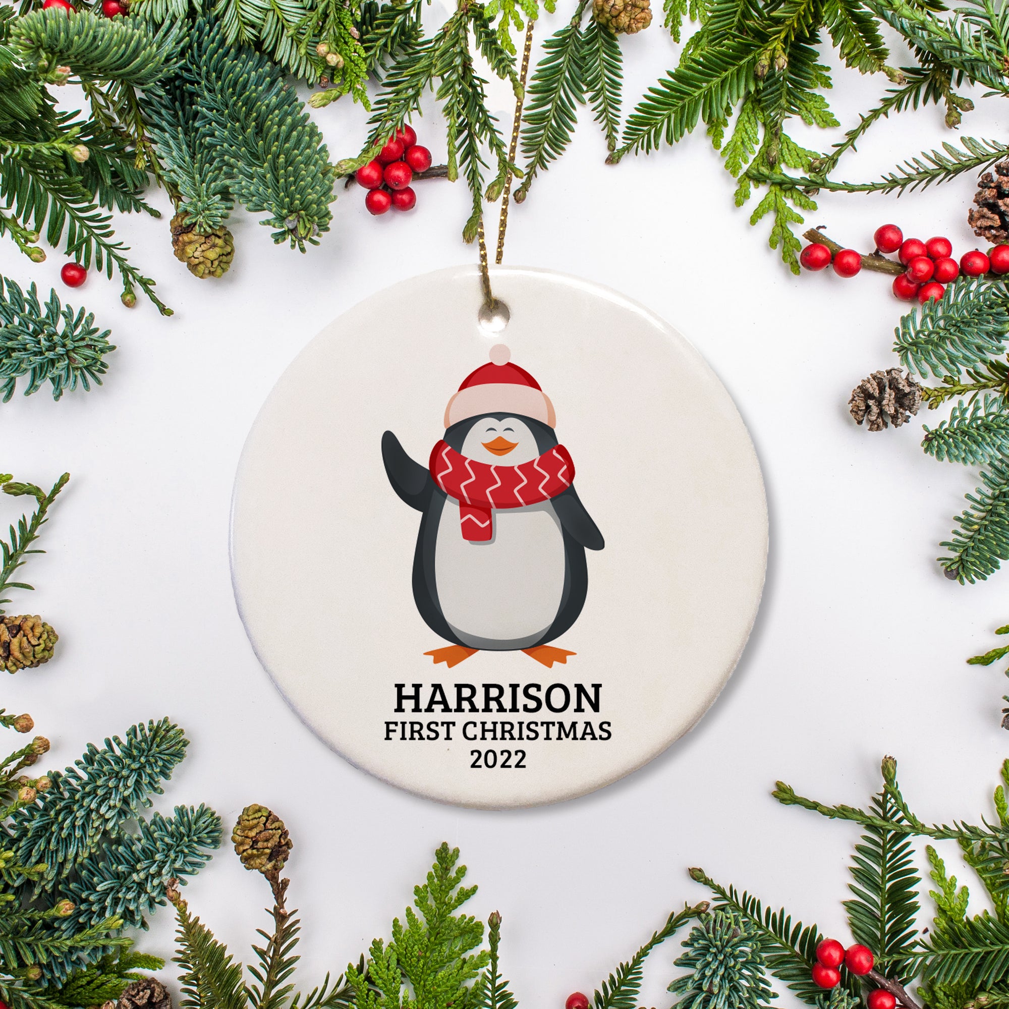 Personalized Christmas ornament | Penguin | Holiday hat and scarf | name and year keepsake gift | Pipsy.com
