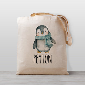 Penguin tote bag, personalized with your child's name. Perfect for daycare or preschool