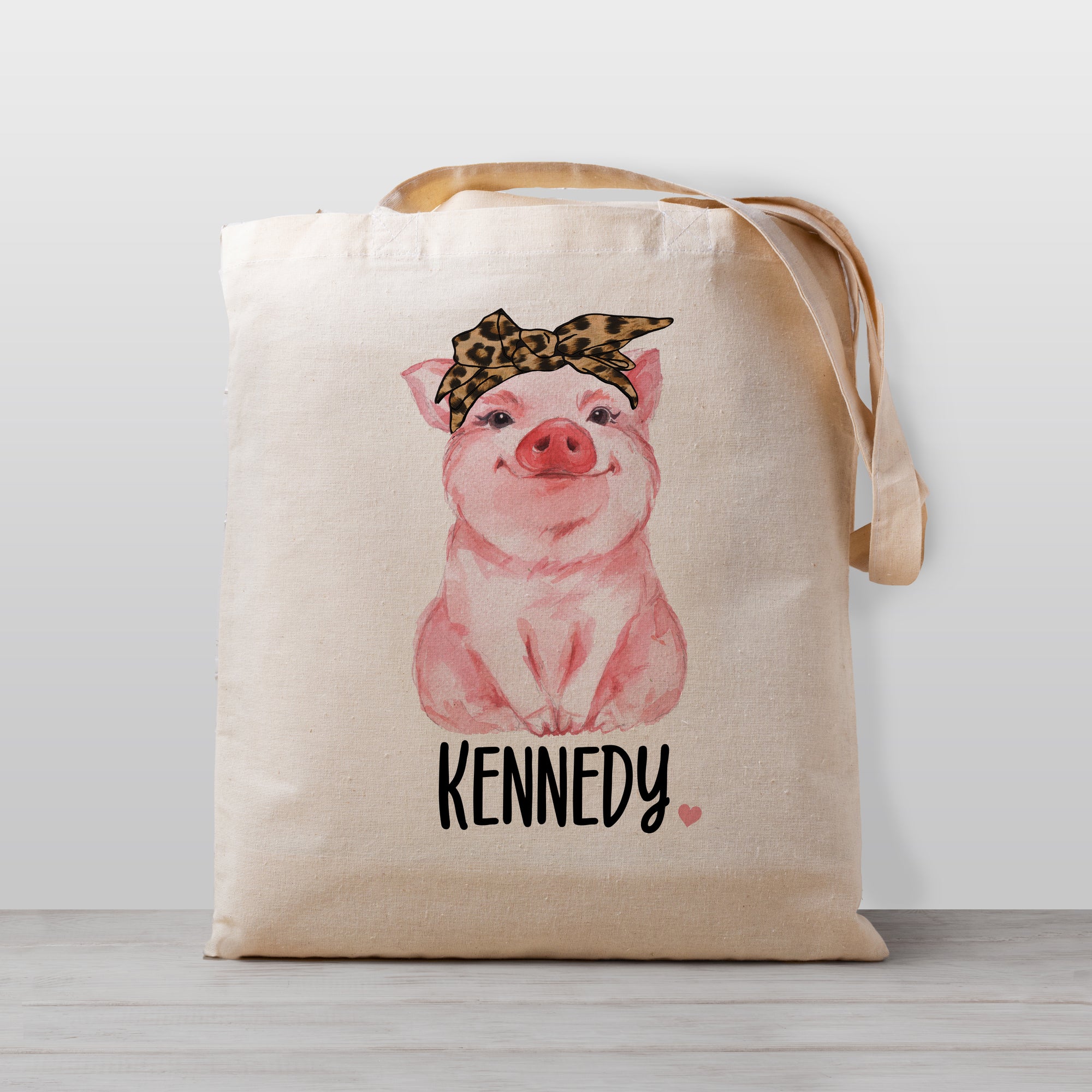 Pig with Leopard Headband Personalized Kid's Tote bag, 100% natural cotton canvas
