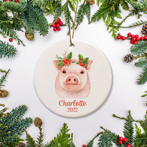 Sweet Pig Christmas ornament, white ceramic with gold sting | Pipsy.com