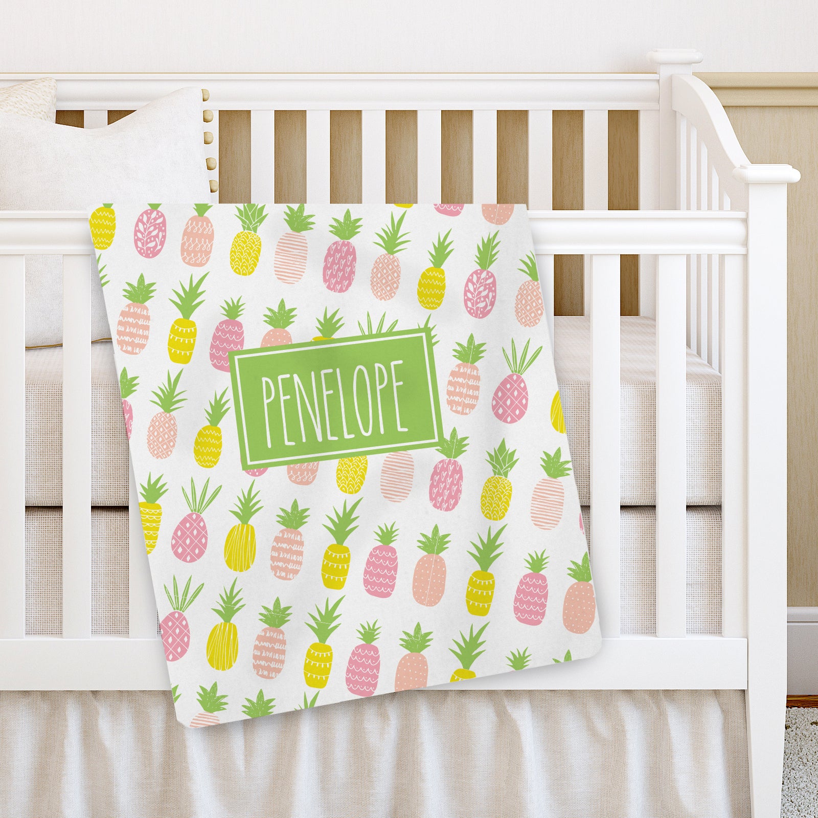 Pineapple name baby blanket, personalized, in pink, yellow and green
