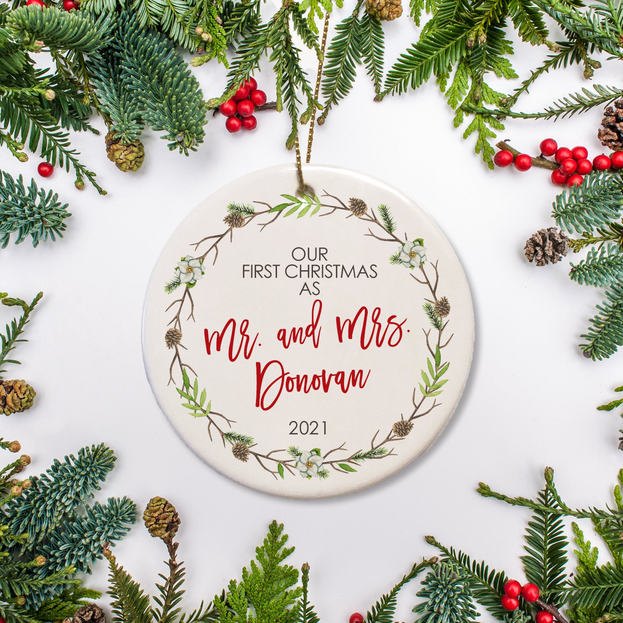 Mr & Mrs Just Married Christmas personalized Ornament | Pipsy.com Edit alt text