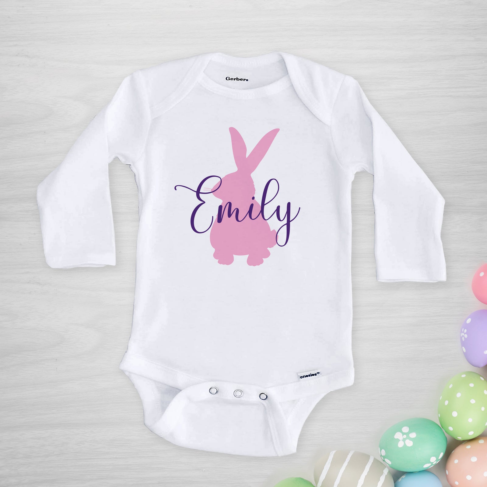 Bunny Silhouette Personalized Gerber Onesie®, Pick your colors, long sleeved