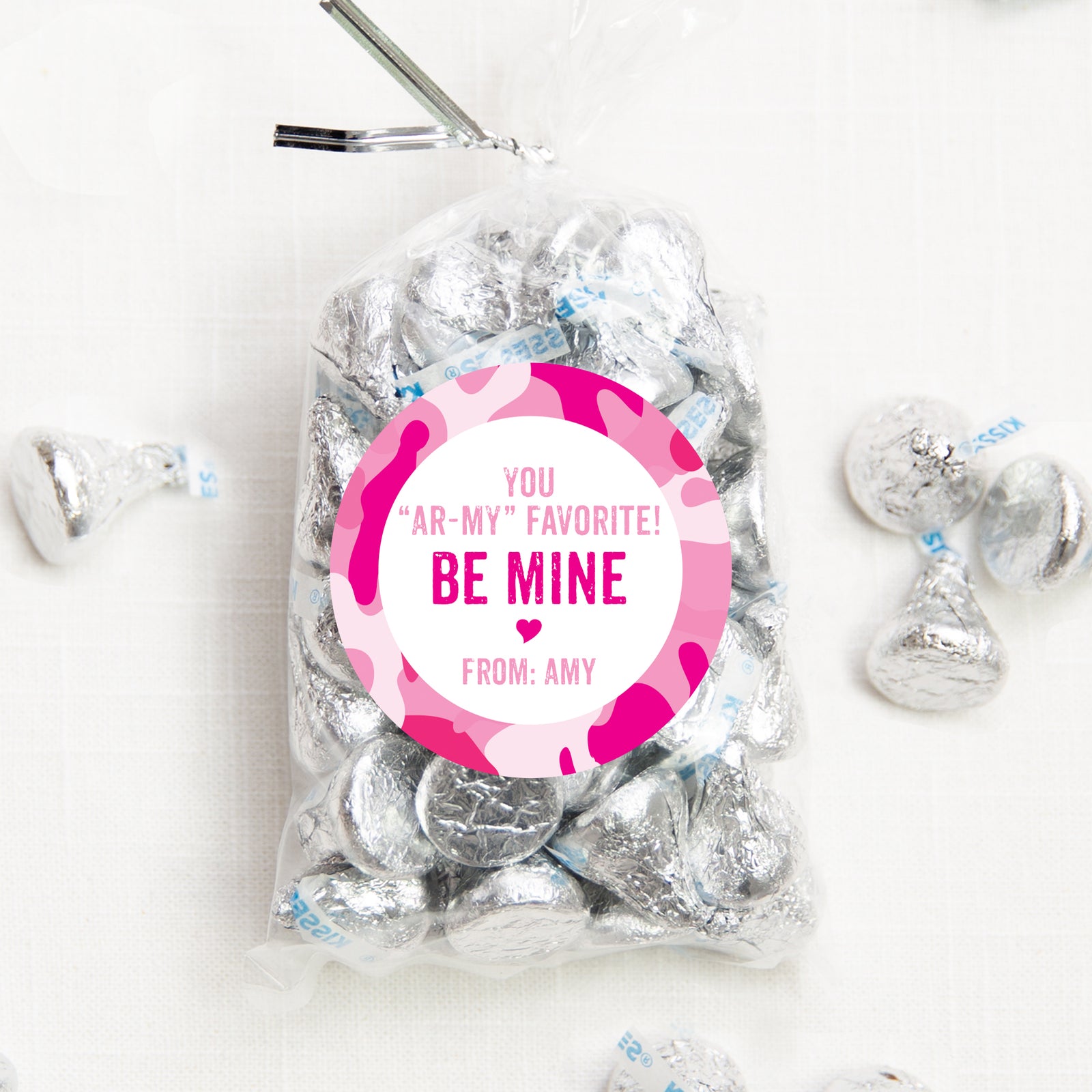 Pink camouflage valentine sticker | ARMY | 2.5" Round Valentine's Day Sticker for candy bag | Classroom Party | Personalized stickers | PIPSY.COM
