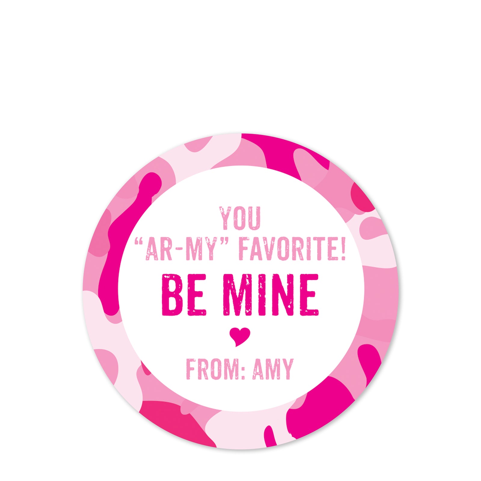Pink camouflage valentine sticker | ARMY | 2.5" Round Valentine's Day Sticker for candy bag | Classroom Party | Personalized stickers | PIPSY.COM