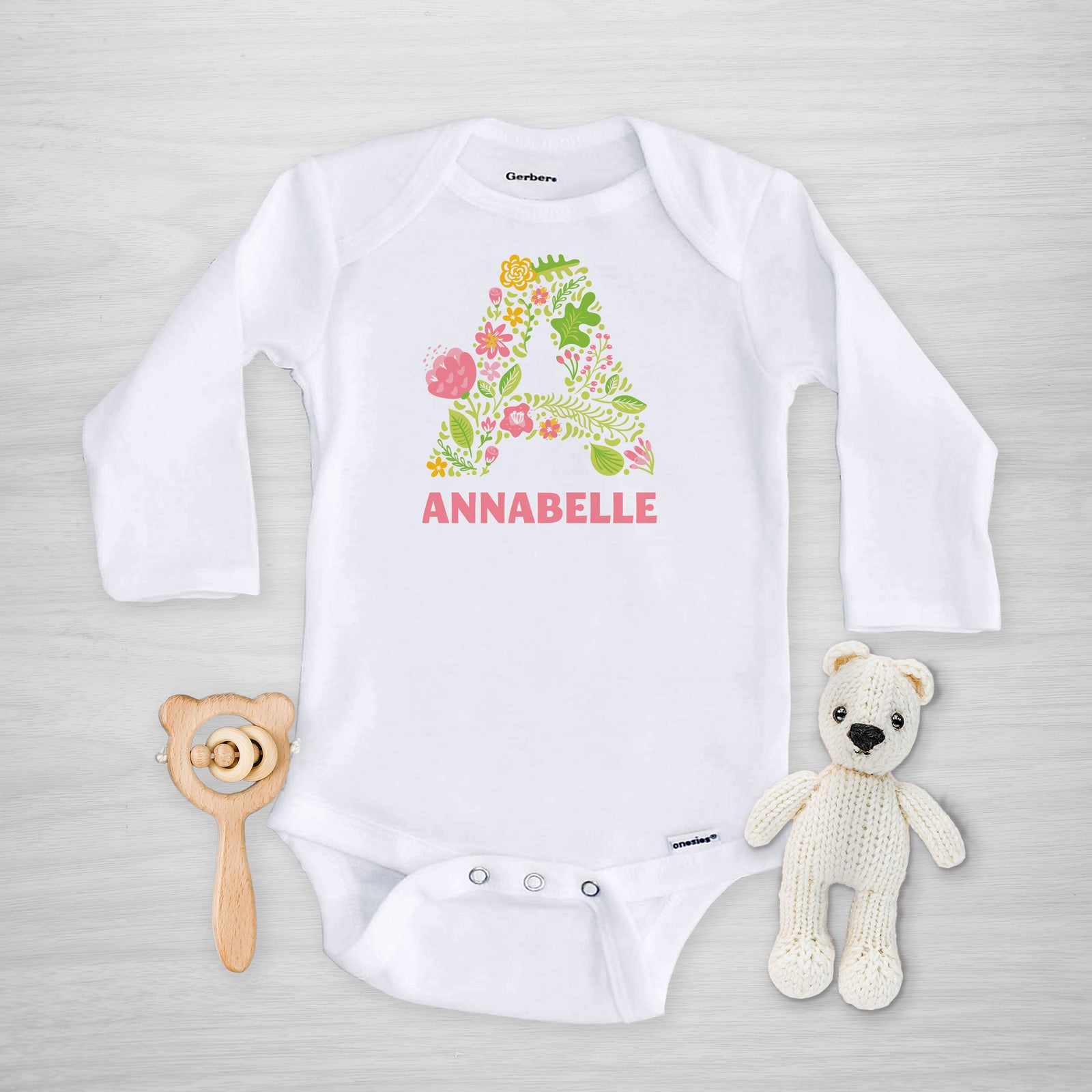 Pink Floral Initial Onesie® - Personalized