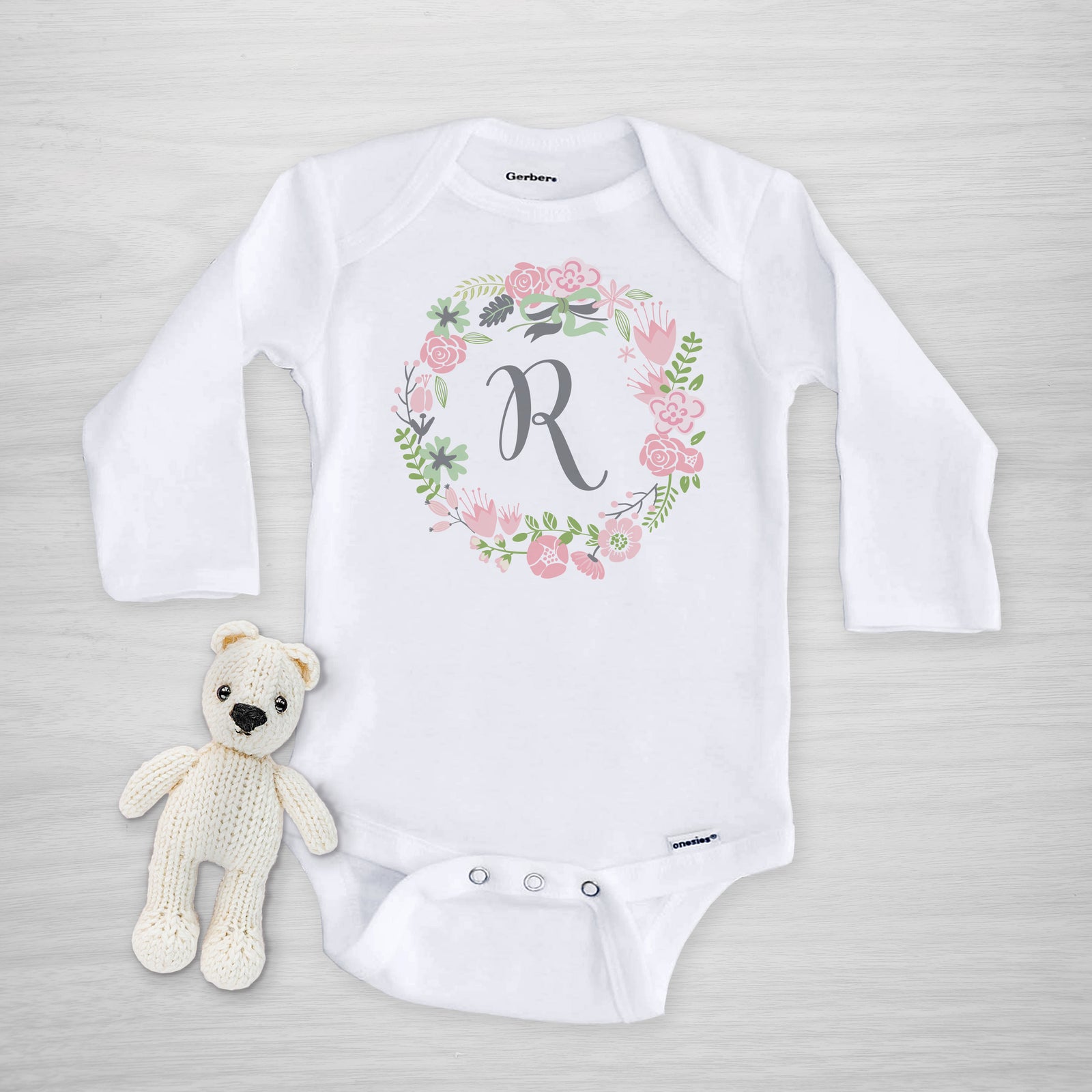 Pink Floral Wreath with Initial Gerber Onesie, short sleeved