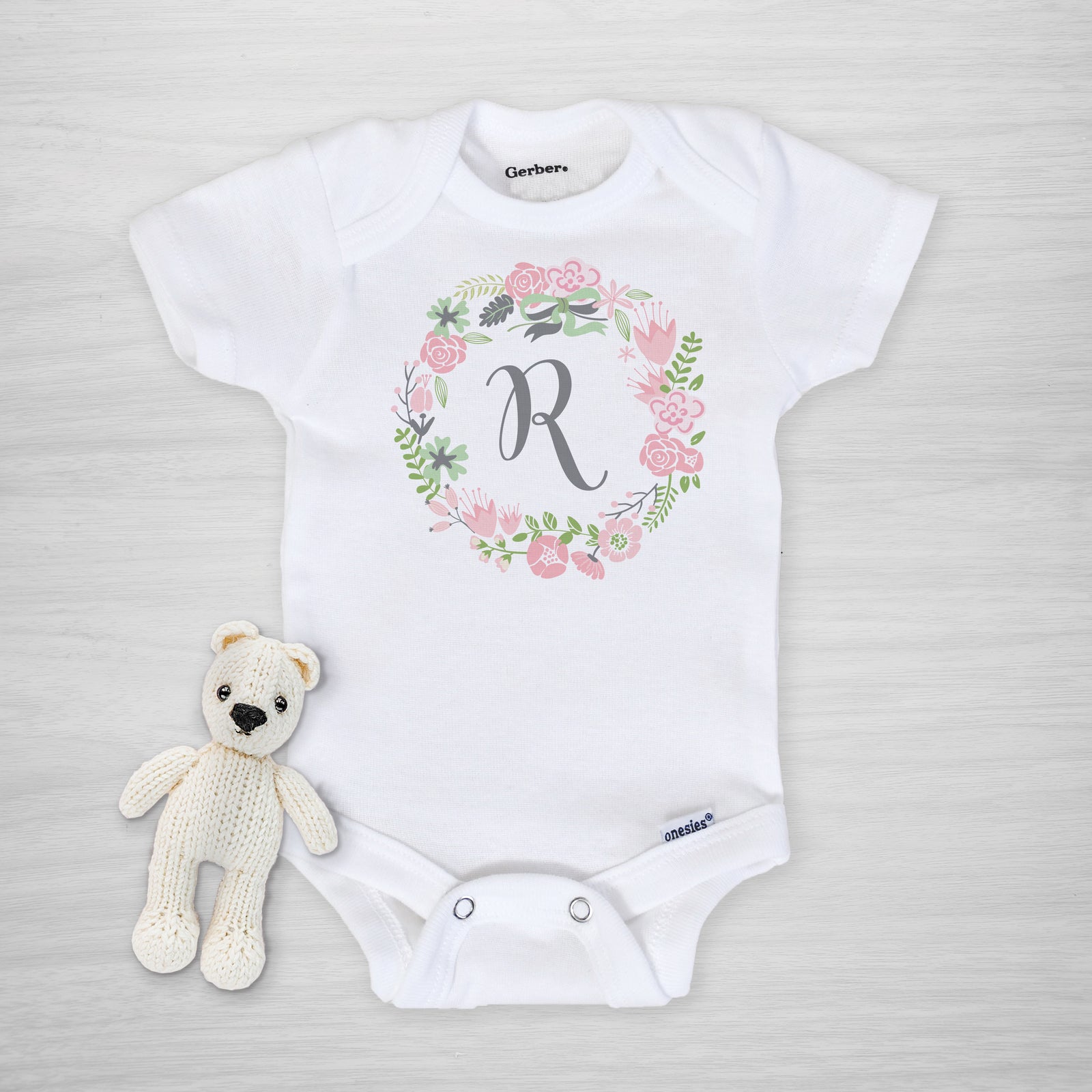 Pink Floral Wreath with Initial Gerber Onesie, short sleeved