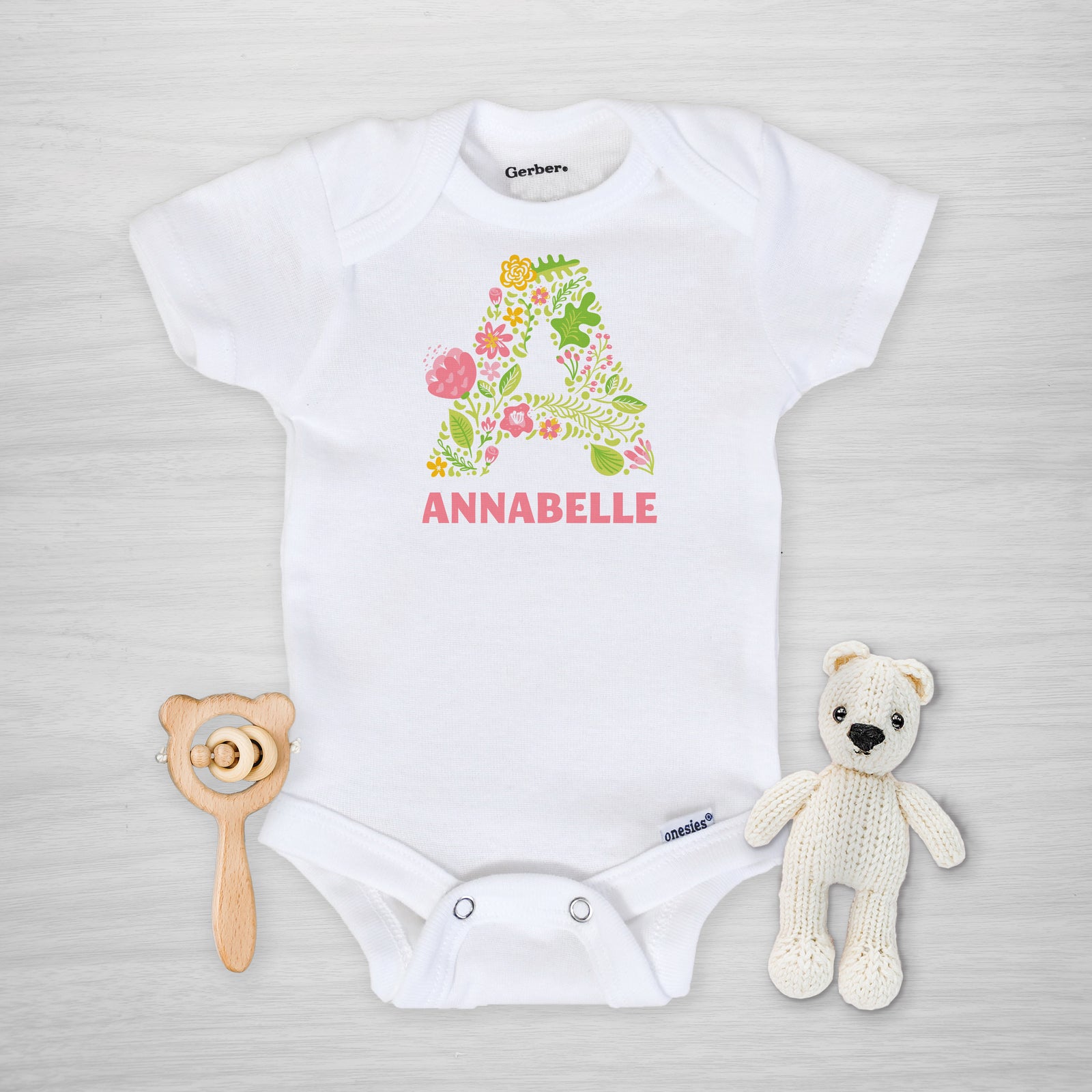 Pink Floral Initial Onesie® - Personalized
