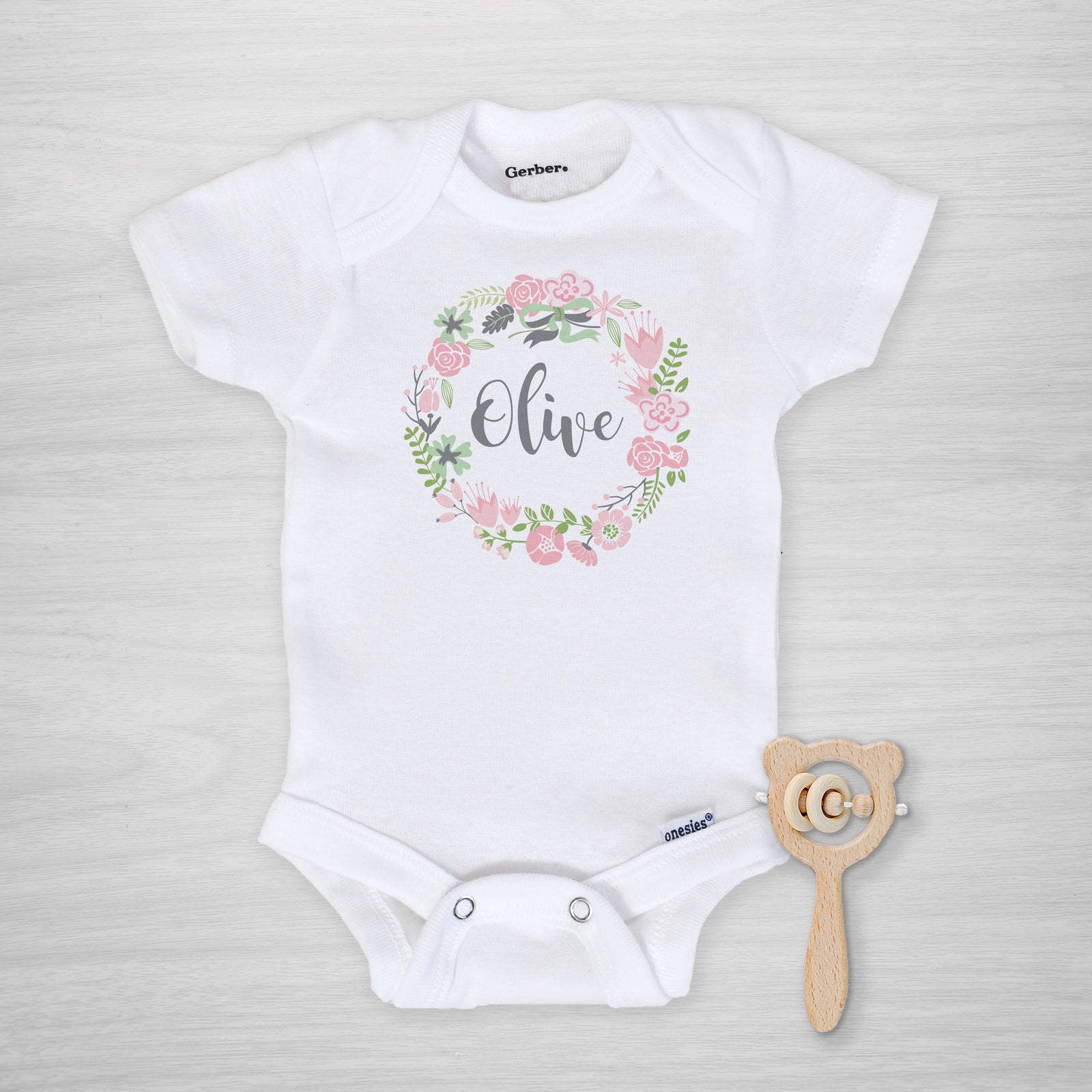 Pink Floral Wreath Personalized Gerber Onesie, long sleeved