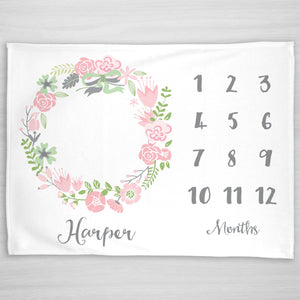 Floral Wreath Baby Milestone Blanket (white background) | Pipsy.com