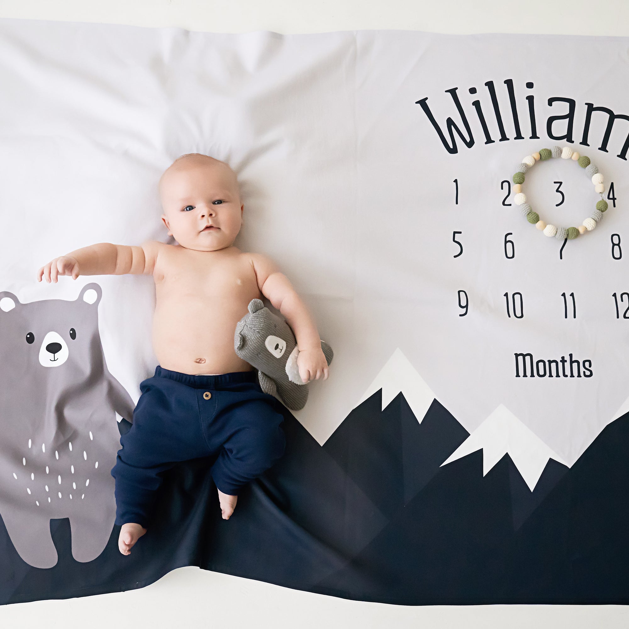 Mountains and Bear Milestone Blanket, Navy and Gray, Personalized with baby's name