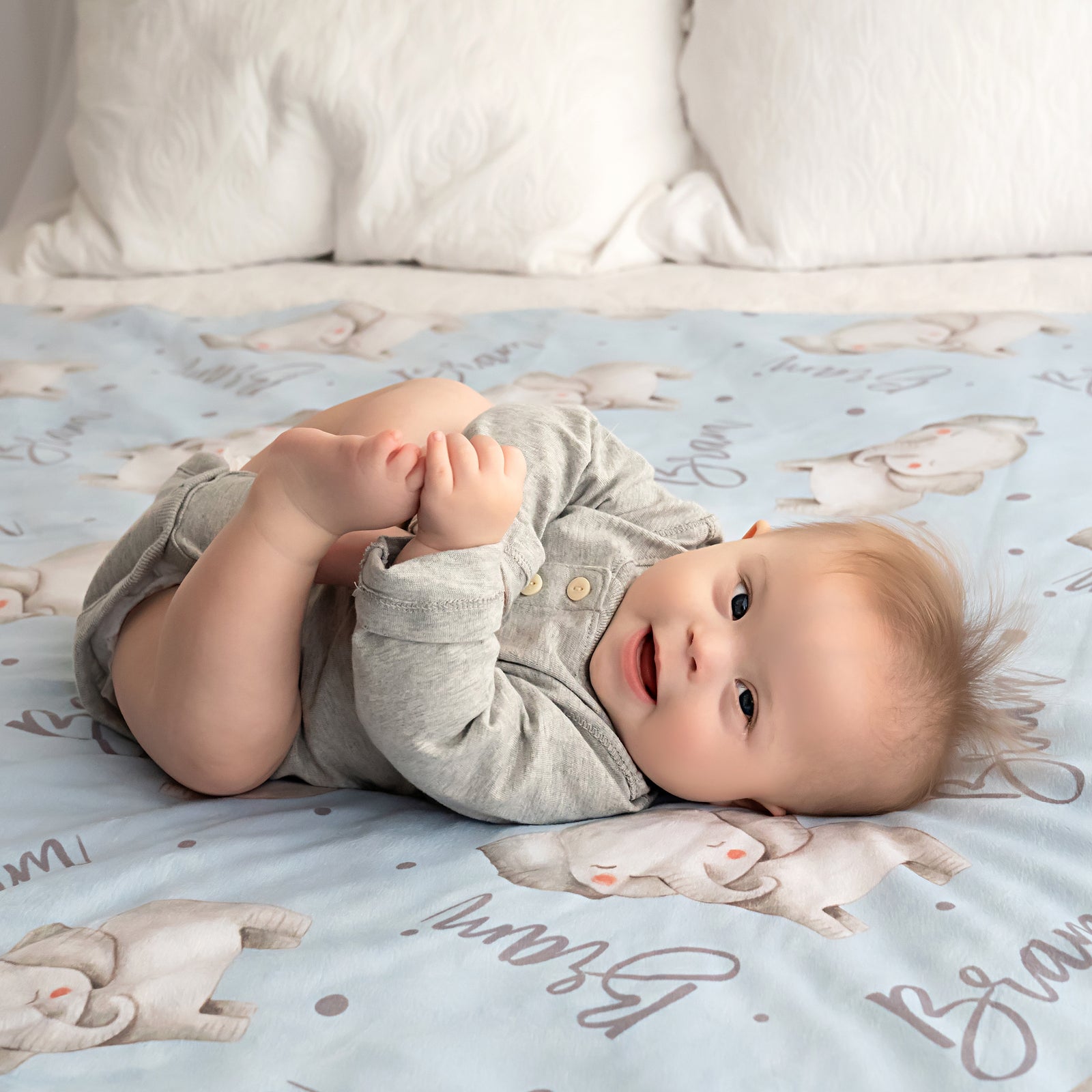 Elephant Personalized Baby blanket in blue and gray