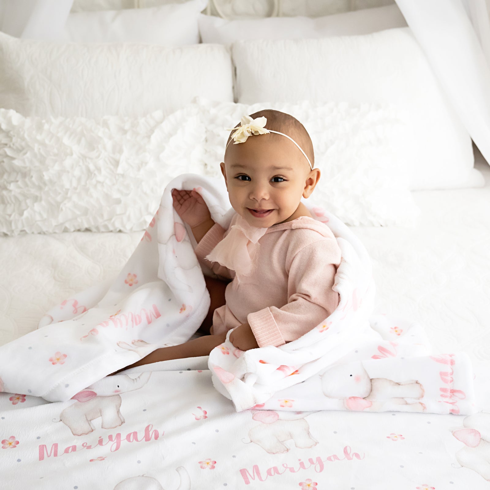 Personalized baby name blanket with elephant and flowers