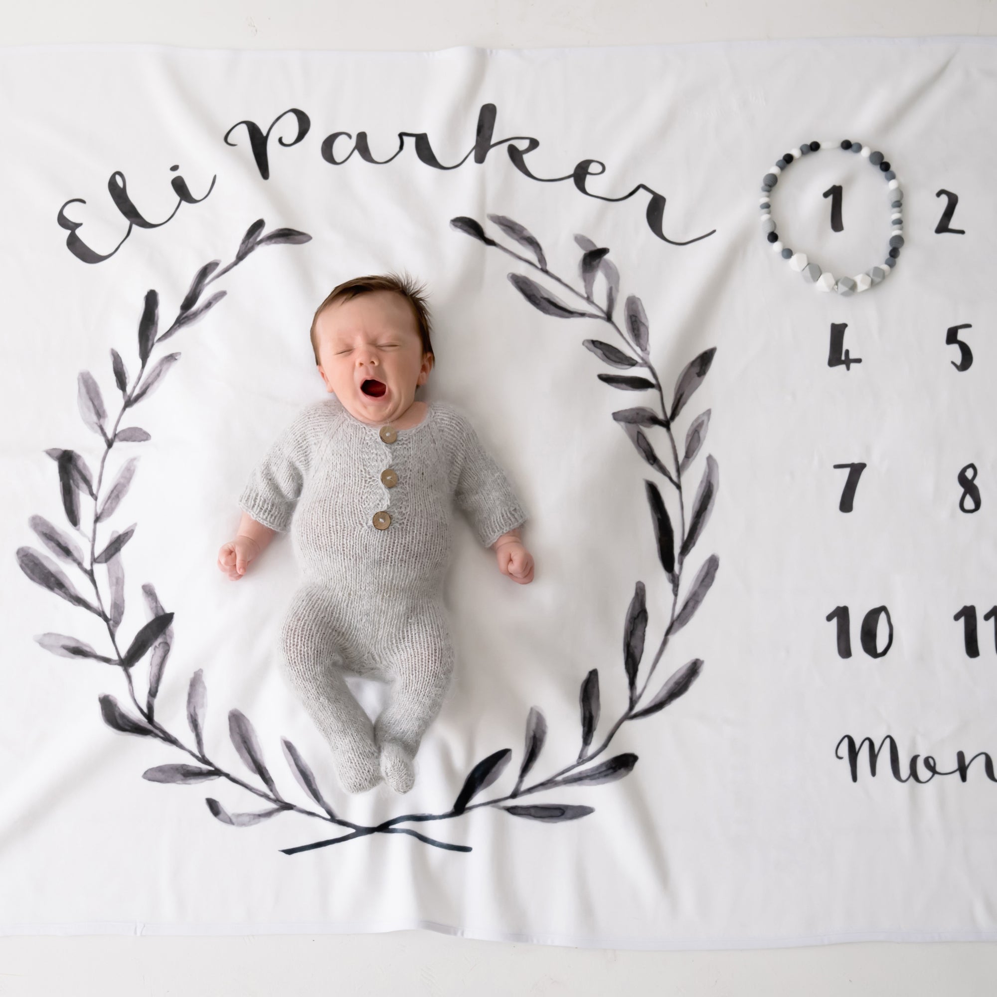 Black Eucalyptus Wreath Milestone Baby Blanket, Gender Neutral, Personalized