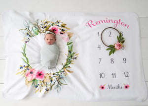 Olive wreath milestone baby blanket with pink flowers | Pipsy.com