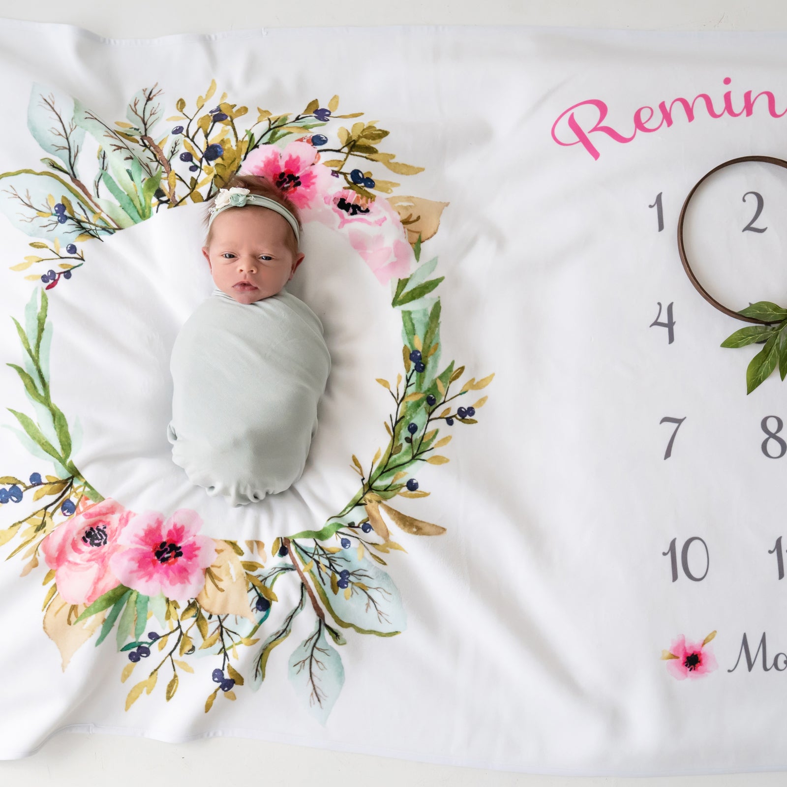 Olive Wreath Floral Milestone Baby Blanket, Pink flowers with gray text