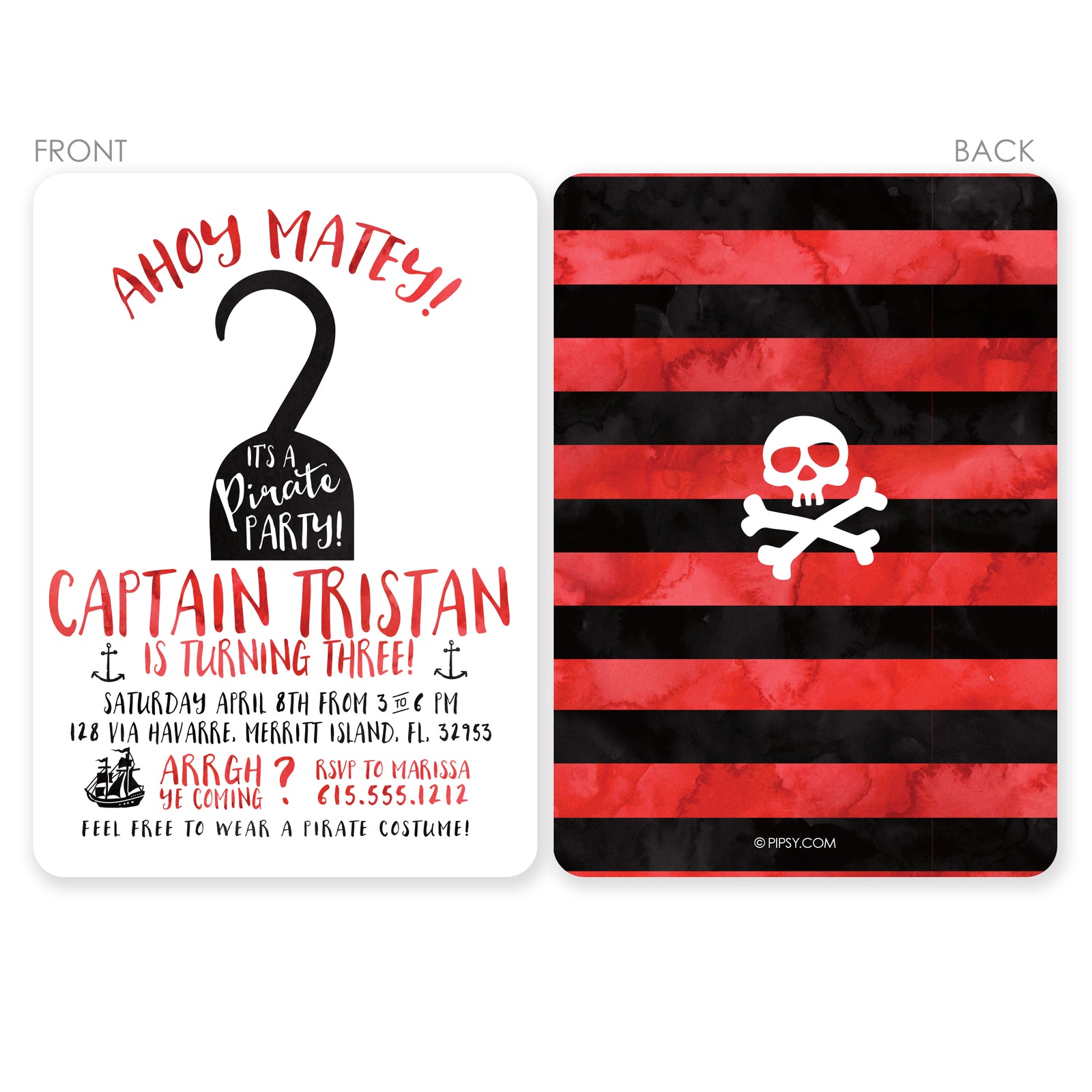 Hook Pirate Birthday Invitation, great for a pirate and mermaid party, or a pool party. Printed on premium heavyweight cardstock from Pipsy.com