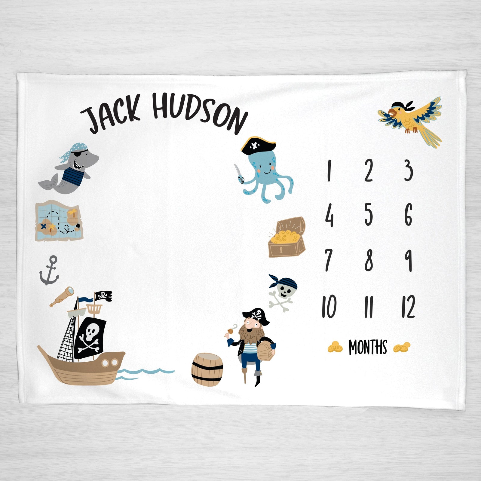 Pirate Milestone Blanket, printed with your baby's name, super soft soft fleece, great baby gift