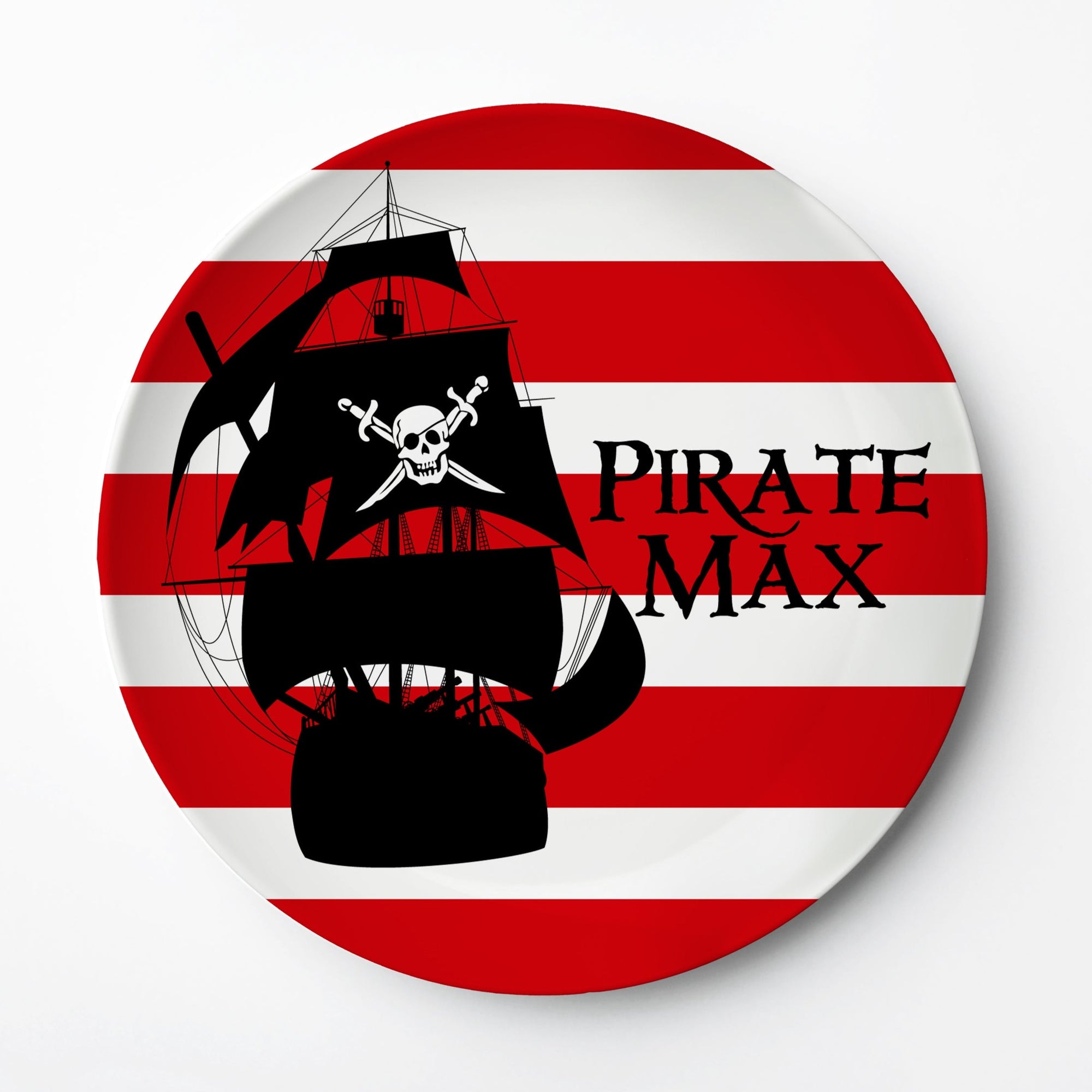 Personalized ThermoSāf® hard plastic plate, pirate ship, red stripes, dishwasher safe, Pipsy.com