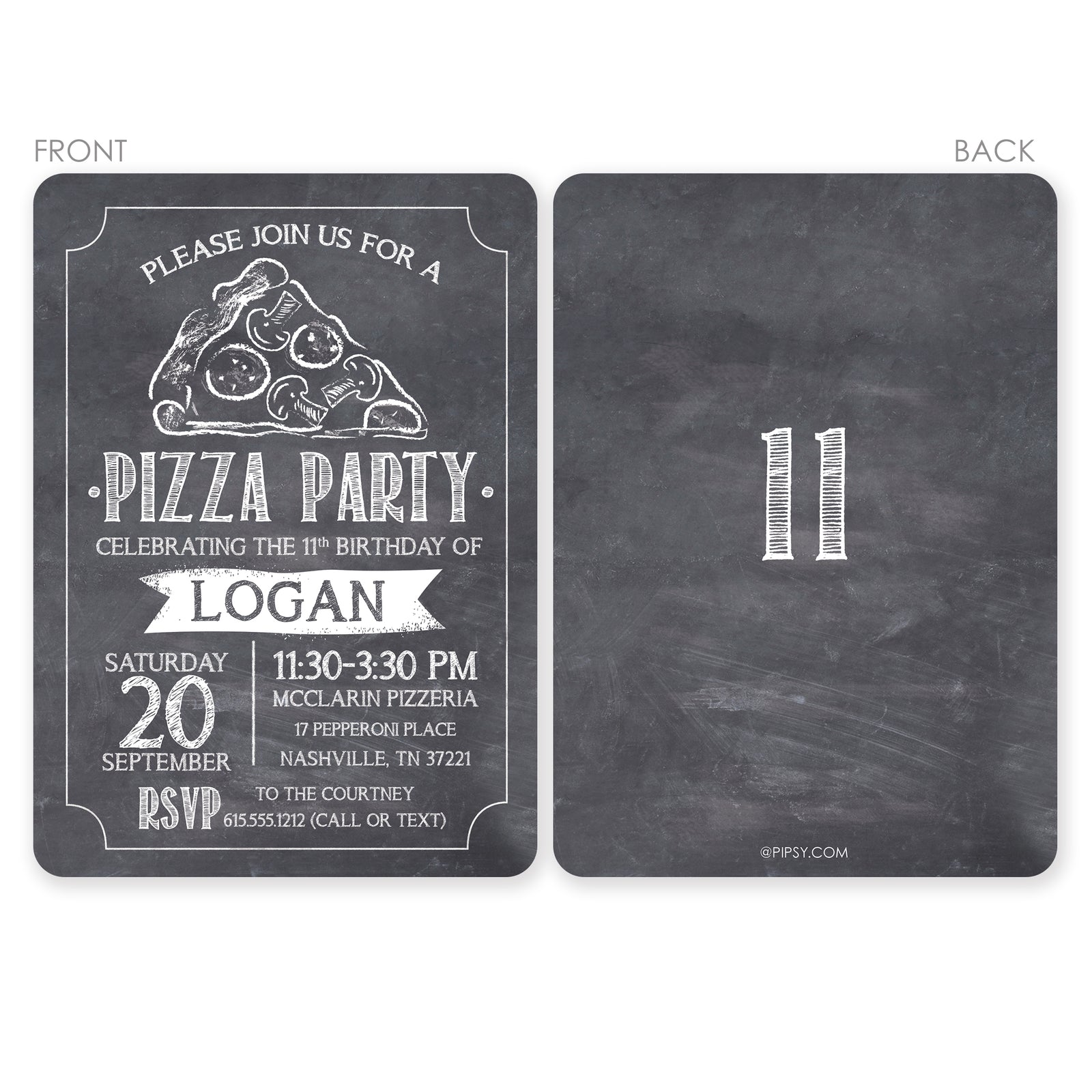 Pizza Birthday Party Invitation with chalkboard styling