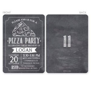 Front and back view of a Pizza Birthday Party with chalkboard styling. Printed on thick cardstock and comes with envelopes