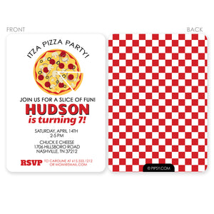 Pizza Party Invitation, Thick printed cardstock with envelopes, Premium printing with rounded corners, checkerboard design