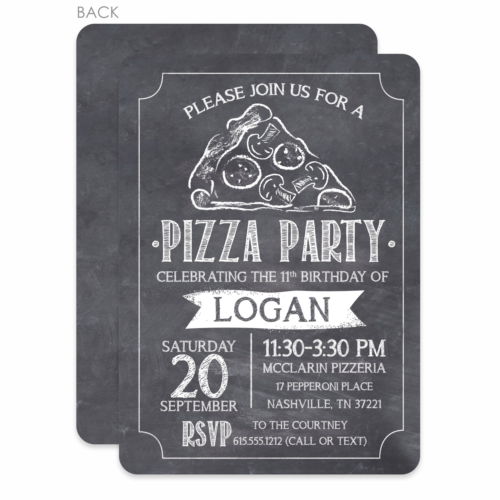 Pizza Birthday Party Invitation with chalkboard styling
