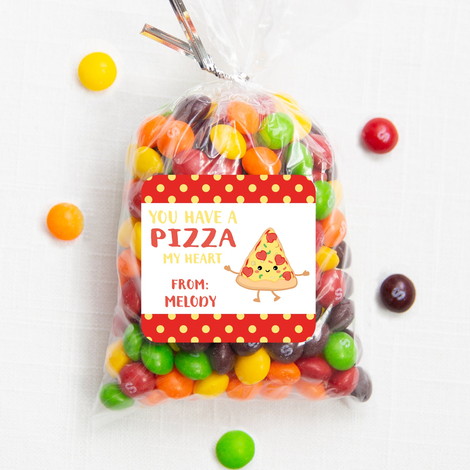 Pizza Valentine's Day sticker | You have a pizza my heart |  yellow pollka dot | 2.5" Square Valentine's Day Sticker for candy bag | Classroom Party | Personalized stickers | PIPSY.COM