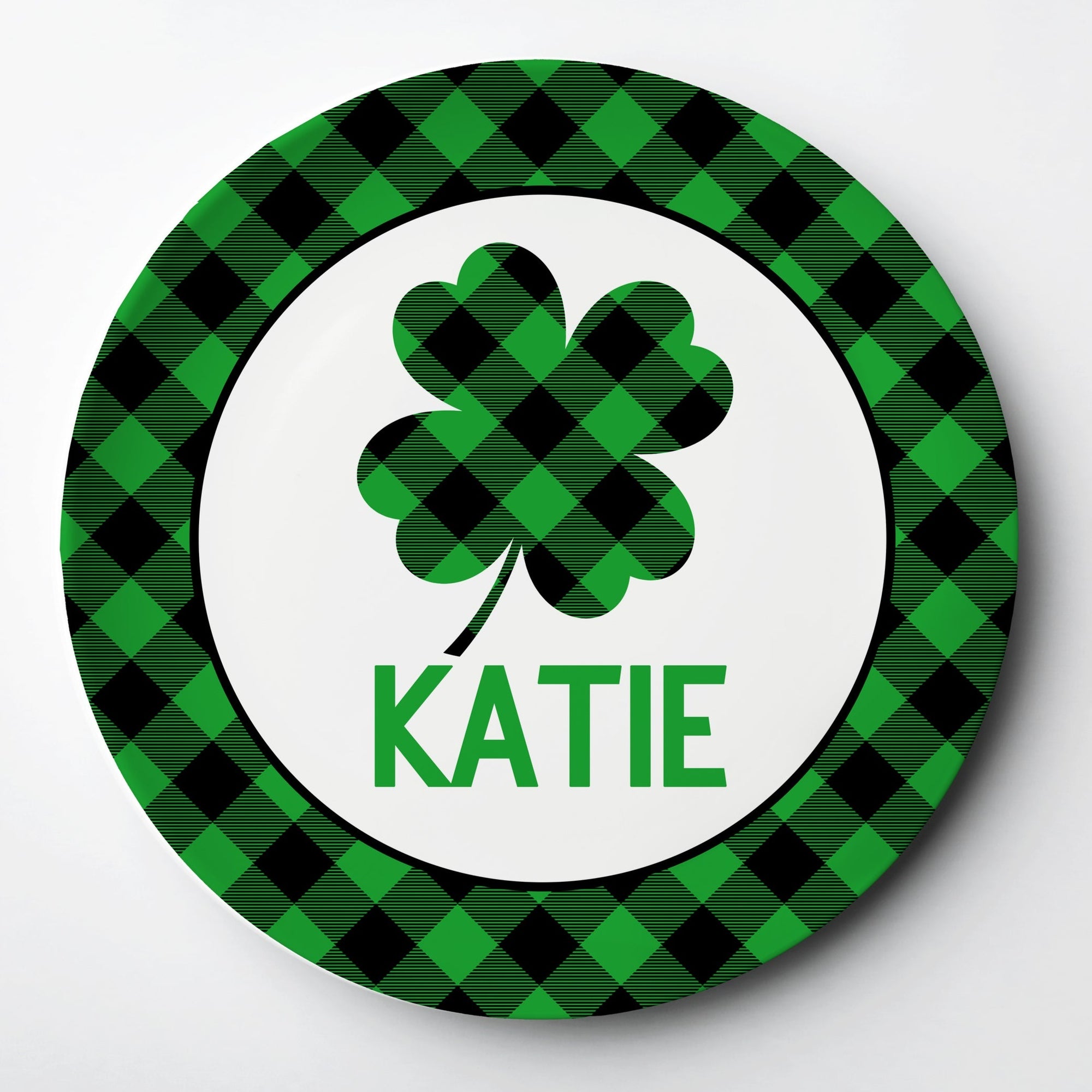Plaid Shamrock Personalized Kid's Plate for St. Patrick's Day. Reusable, microwave, oven and dishwasher safe