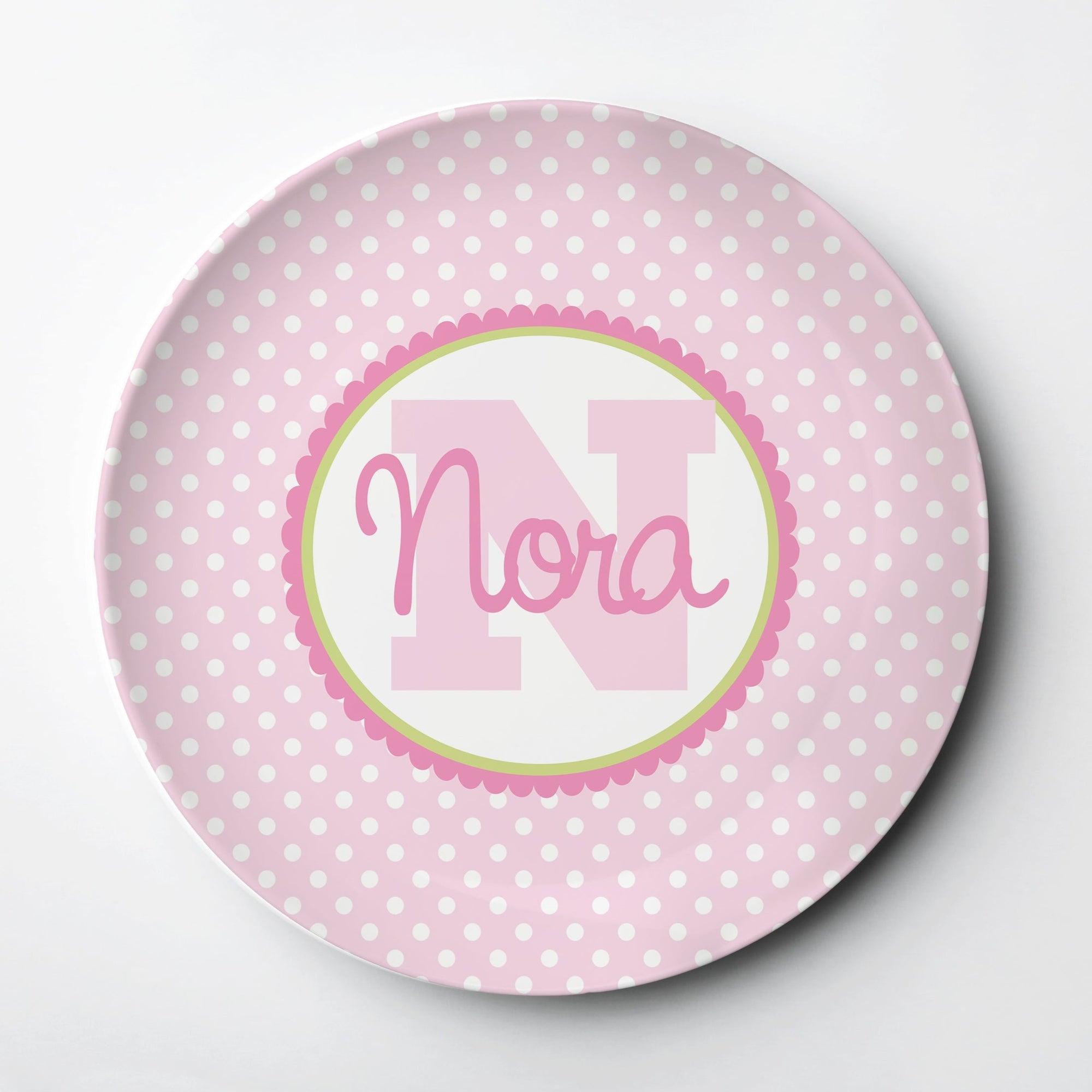Pink polka dot with initial and name, ThermoSāf® reusable plate safe for dishwasher and microwave, Pipsy.com