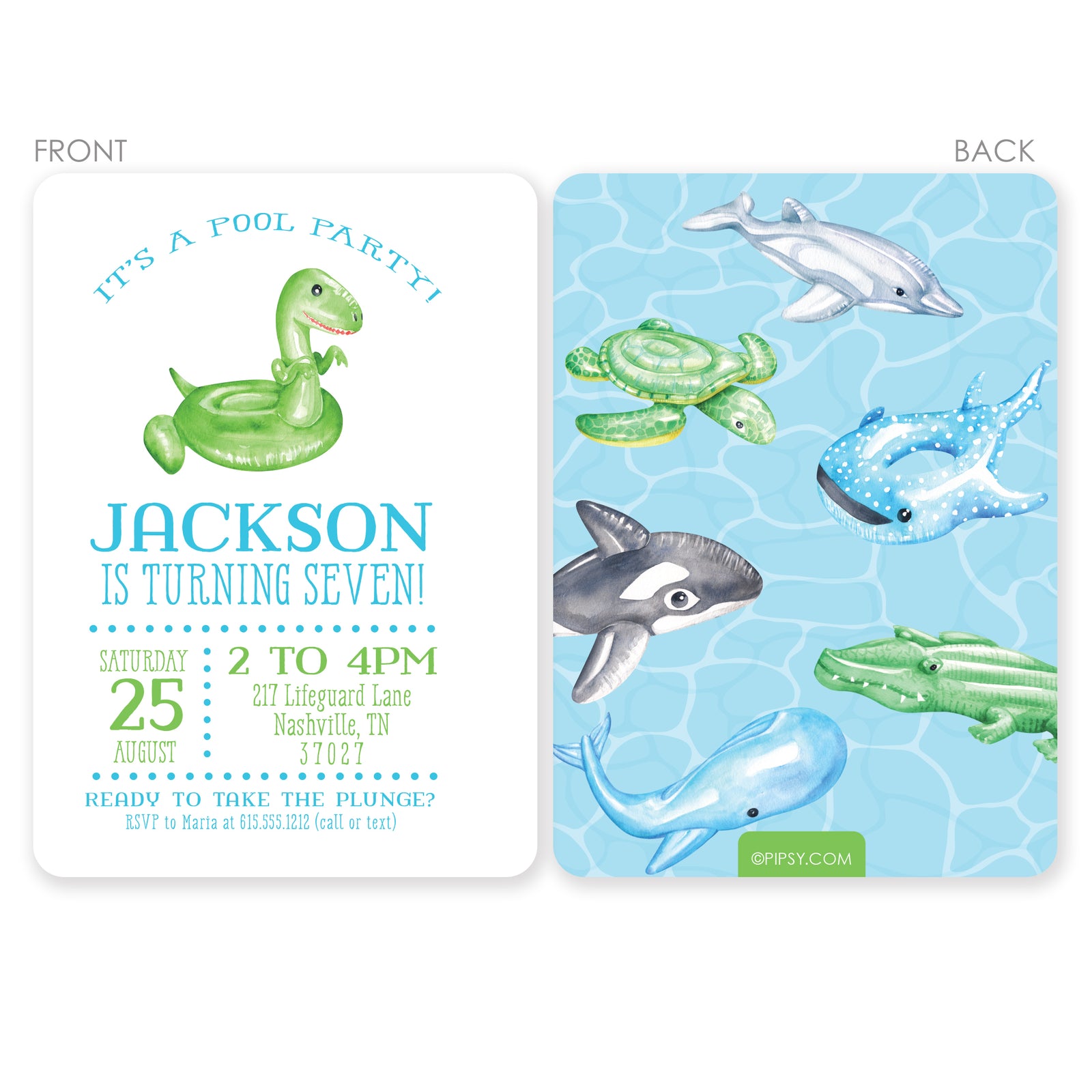 Pool Party Birthday Invitations  with fun trendy pool floats, printed on premium heavyweight cardstock, Pipsy.com