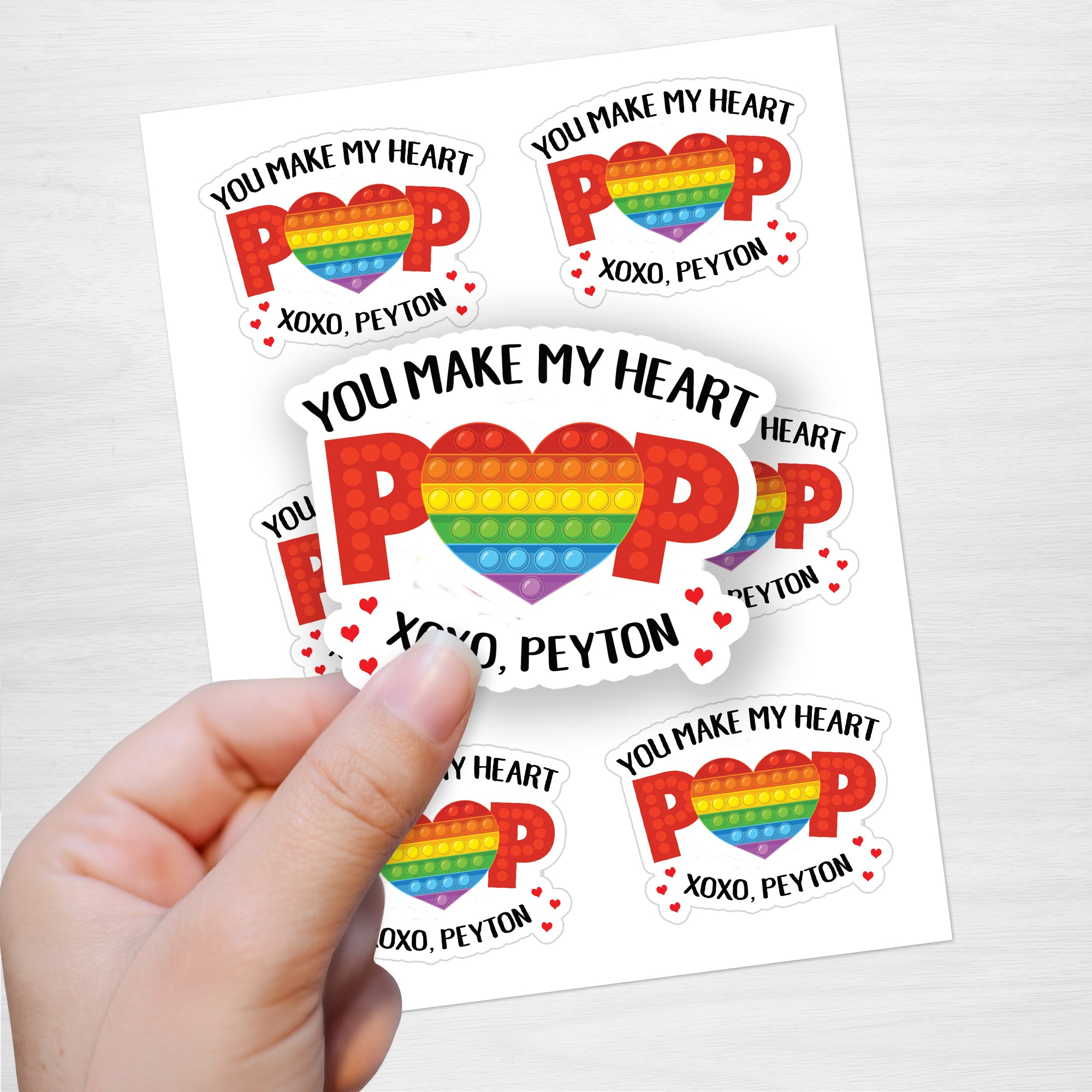 Valentine's Day Stickers, Personalized and Custom Die cut featuring a pop fidget toy with "you make my heart pop!"