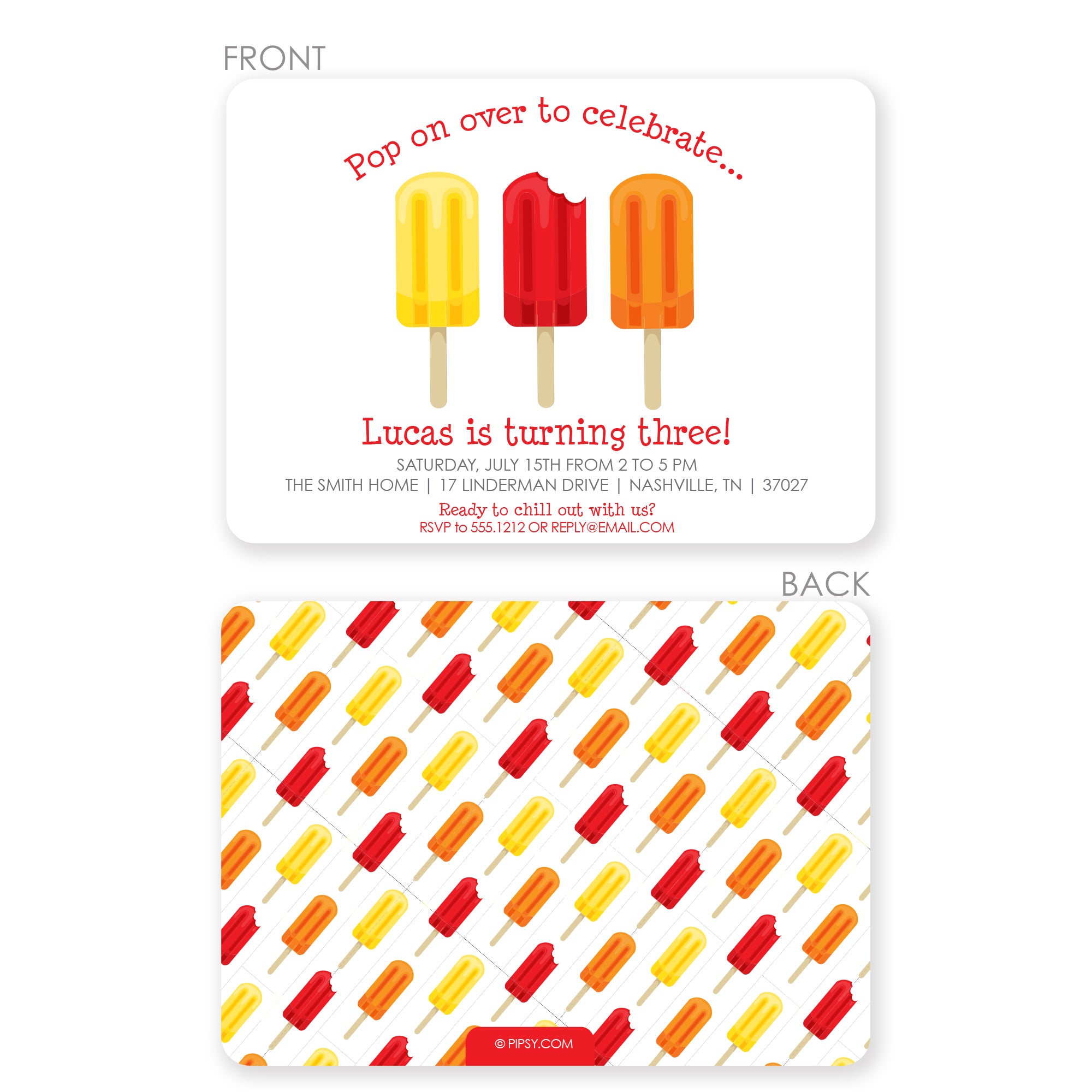 Popsicle birthday party invitation, printed on thick cardstock with a bright two-sided design