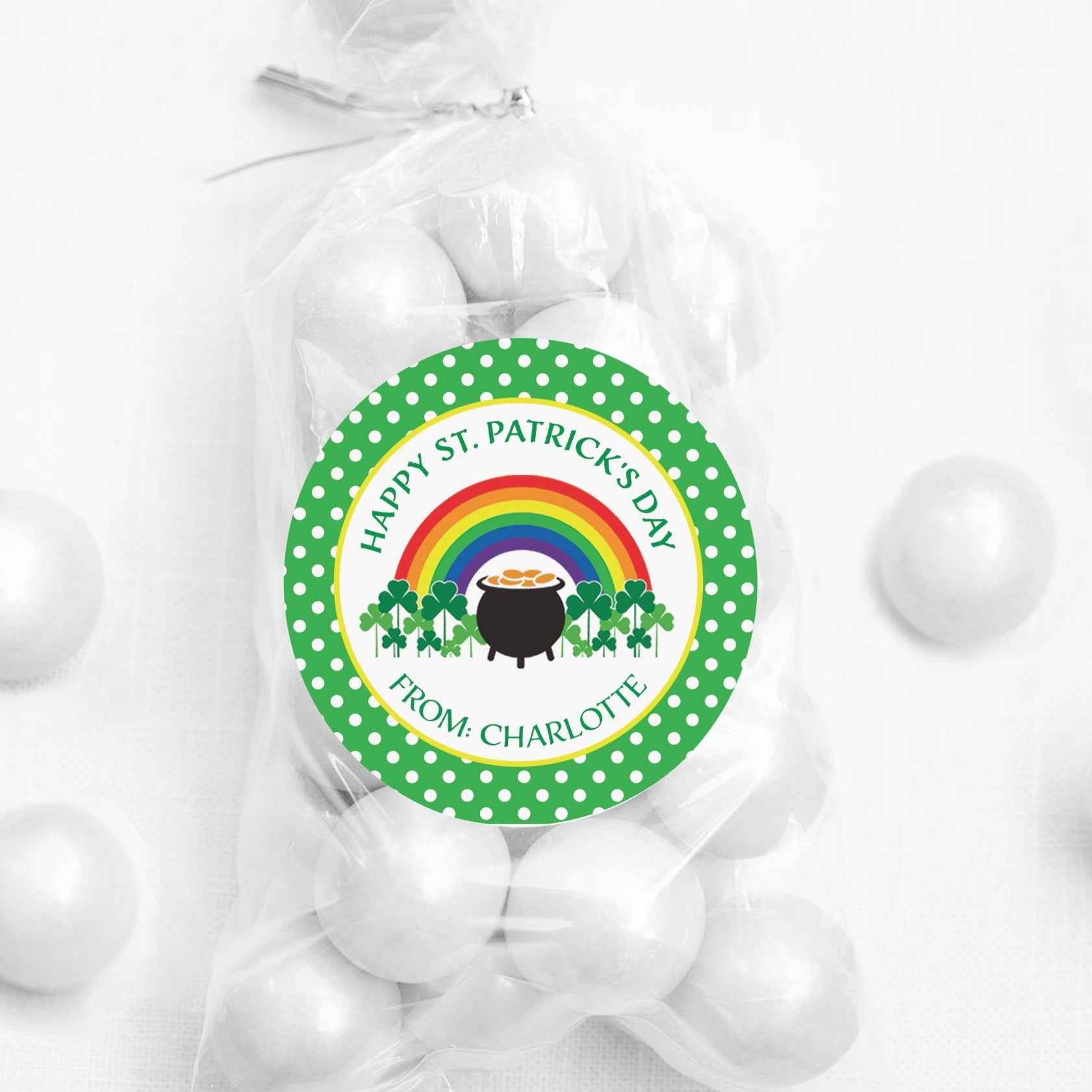 Rainbow and Pot of Gold, shamrocks, clovers, Personalized Happy St. Patrick's Day class treat bag sticker, round matte stickers, 2.5", Pipsy.com