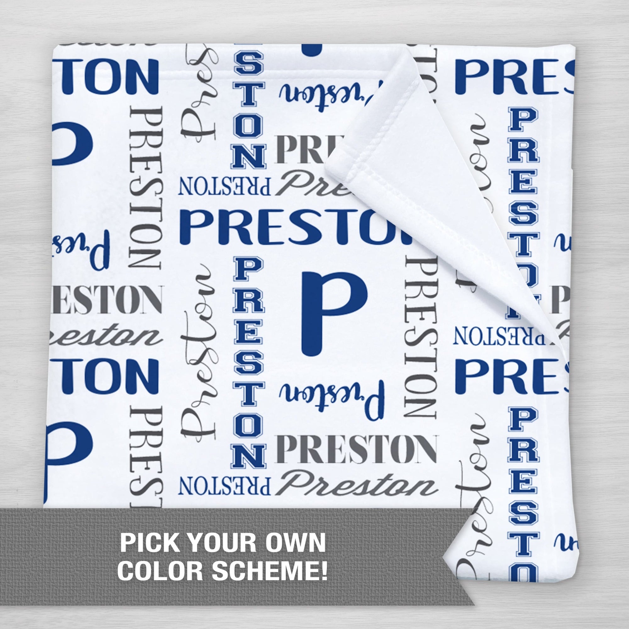 Preston Name and Initial Personalized blanket, pick your own color scheme