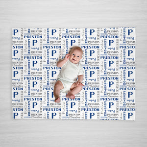Navy and Gray Grey personalized name blanket. single name - initial - script - block gfit for new mom - Pipsy.com
