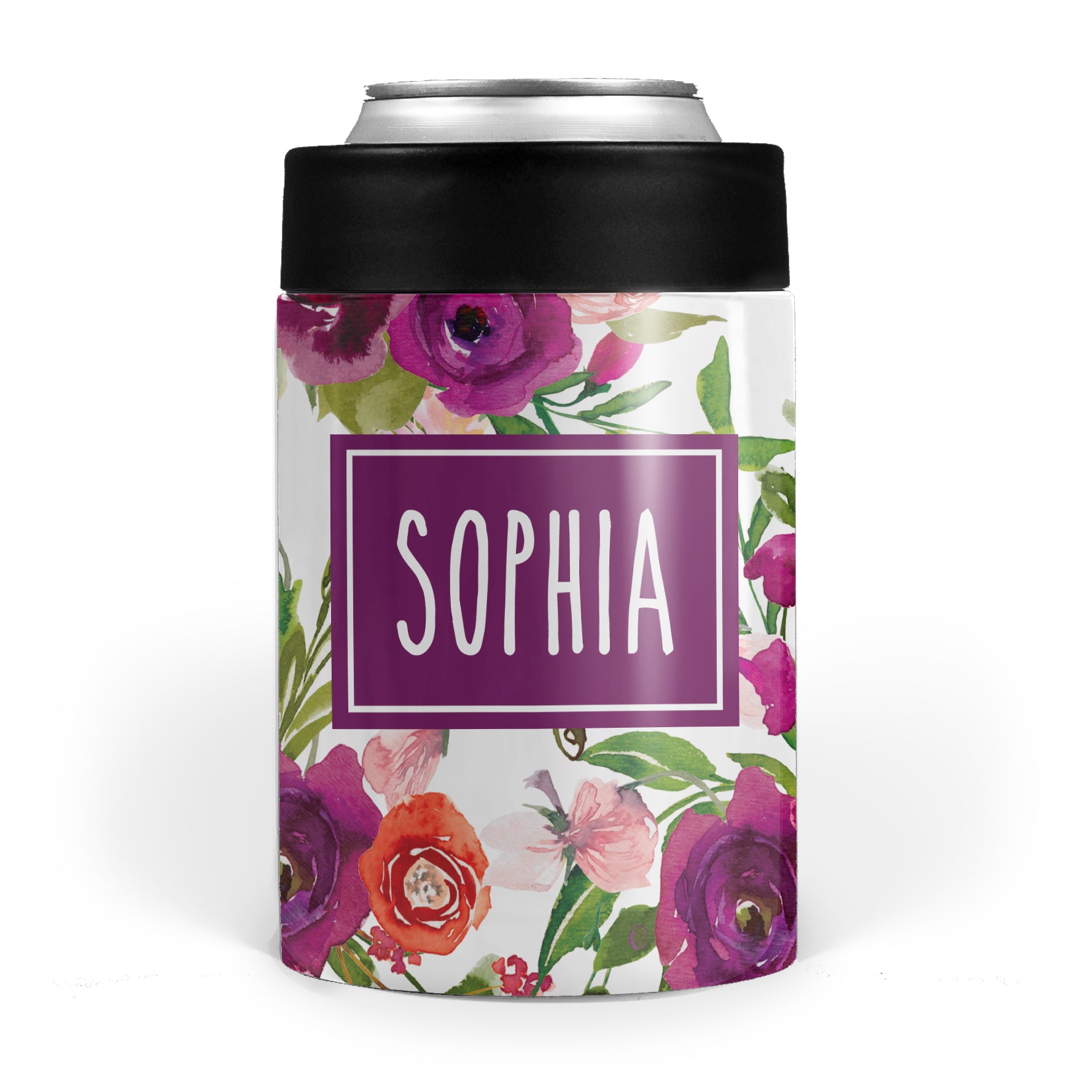 purple watercolor floral stainless steel koozie can cooler sleeve, PIPSY.COM