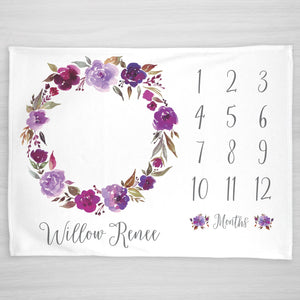 Purple Floral Watercolor Wreath Baby Milestone Month Blanket, Pipsy.com