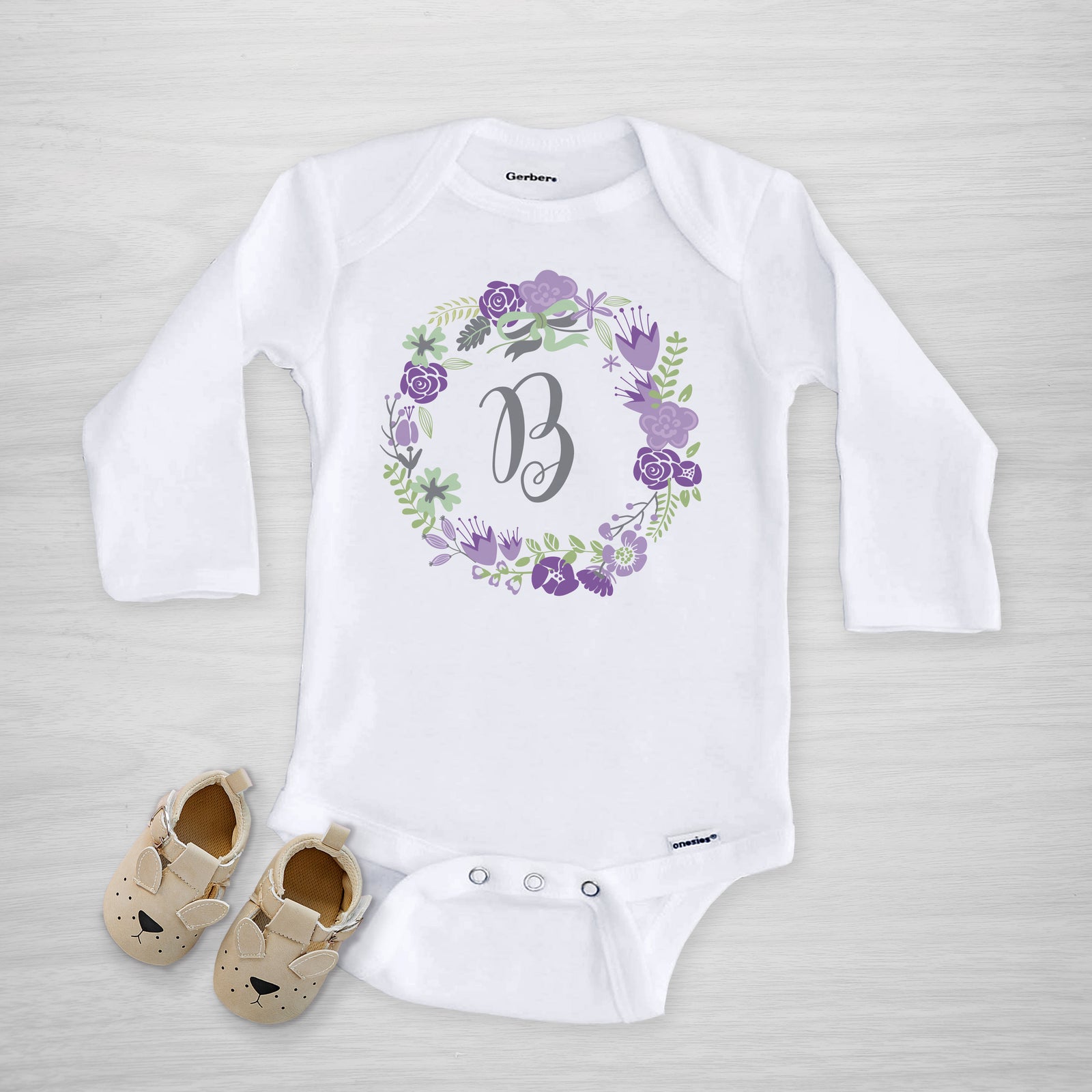 Purple Floral Wreath Personalized Gerber Onesie®, short sleeved