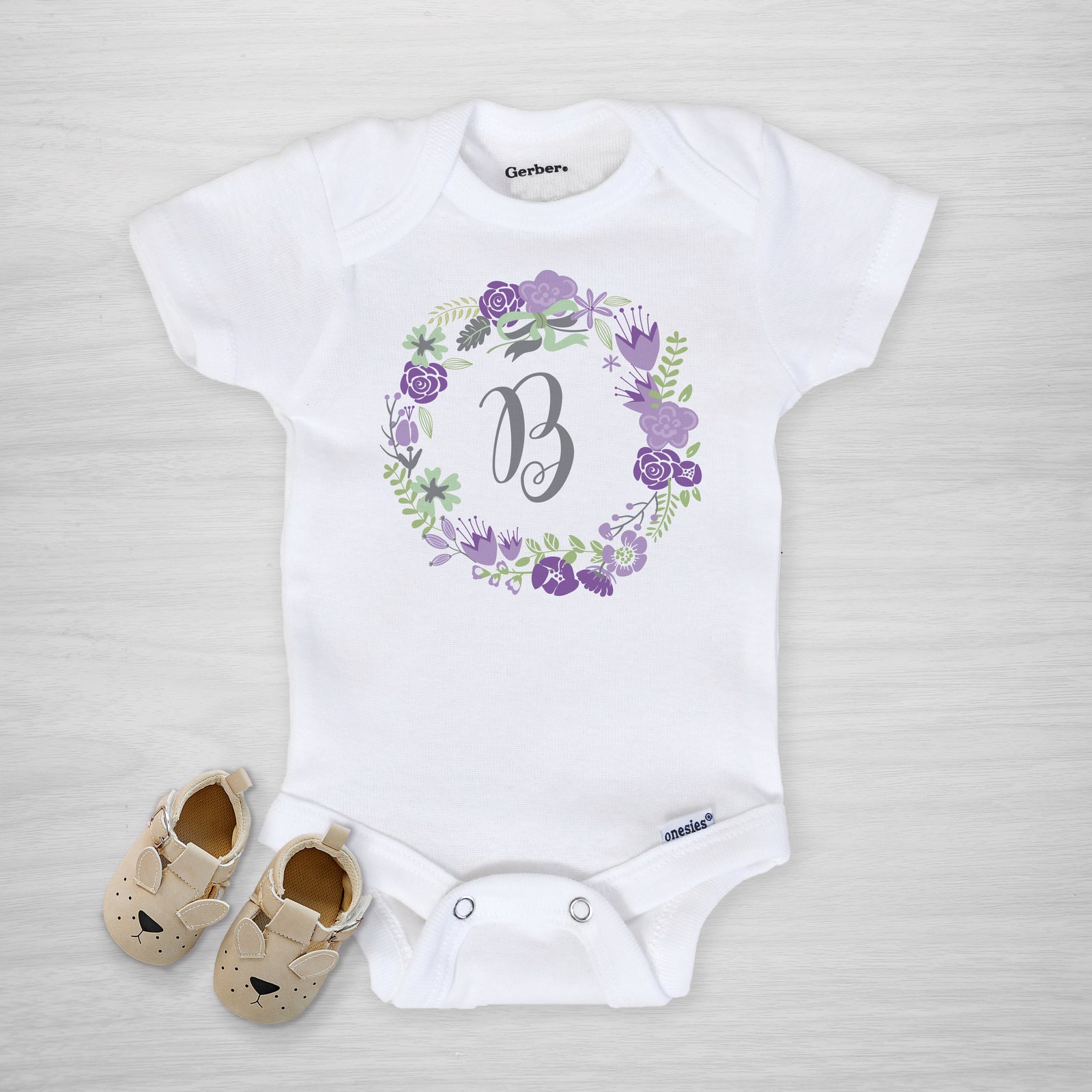 Purple Floral Wreath Personalized Gerber Onesie®, short sleeved