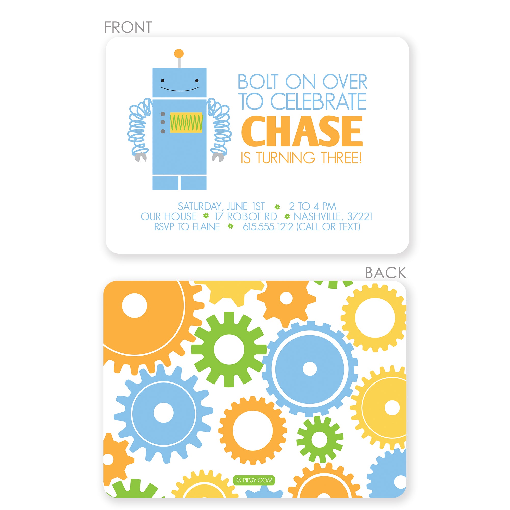 Front and back view of Robot birthday invitation with a gear pattern on the back, printed on thick cardstock with 2 sided printing, envelopes included. Can be made in any color scheme