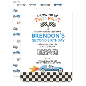 Race Car Birthday invitations for a second birthday. "growing up TWO fast!" Premium Printed cardstock