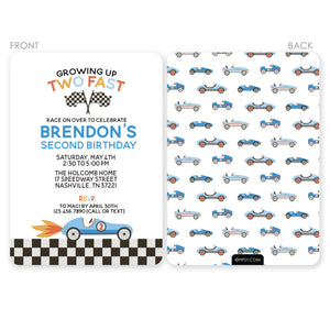 Race Car Birthday invitations for a second birthday. "growing up TWO fast!" Premium Printed cardstock front and back view