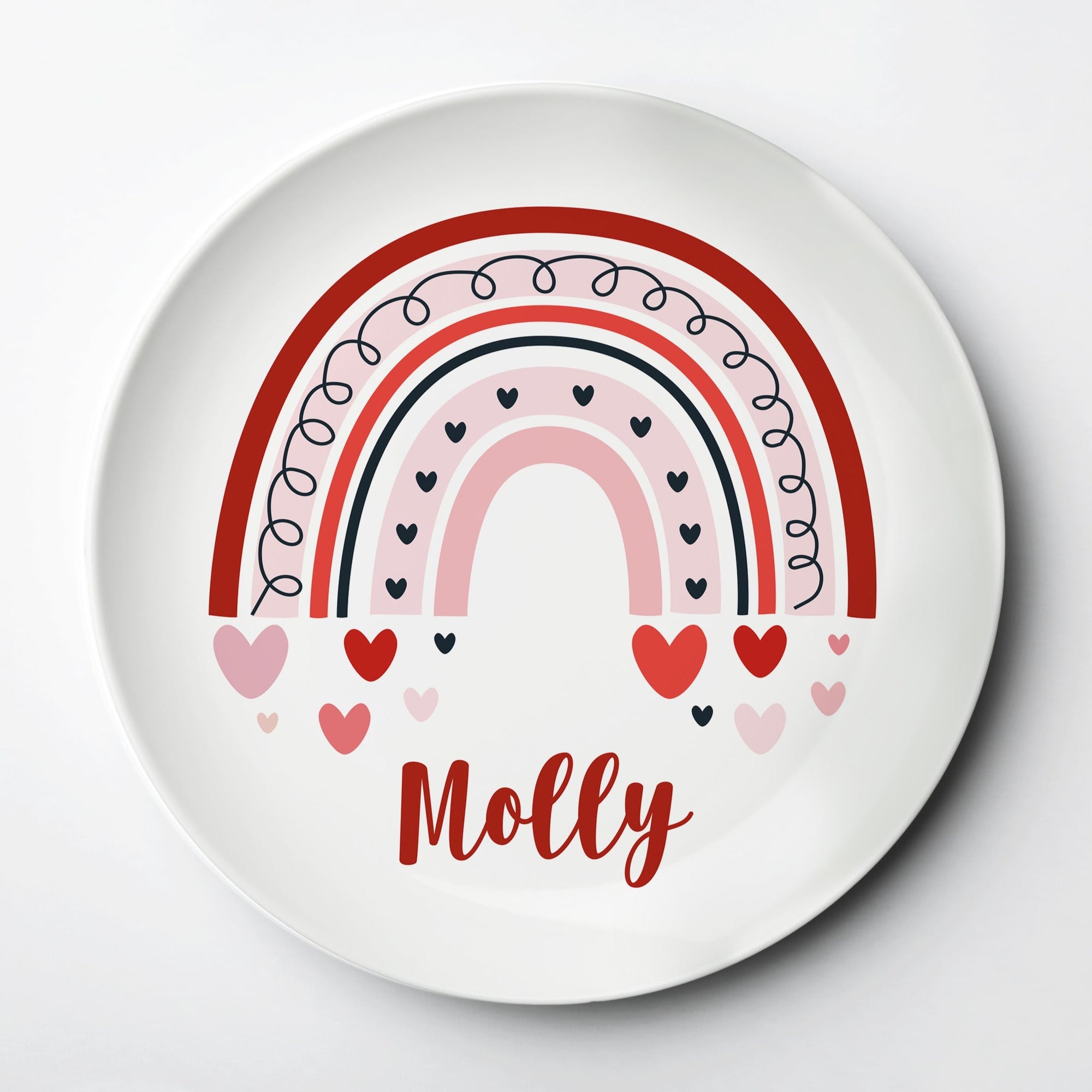 Rainbow personalized Valentine's Day Plate, ThermoSāf® kids reusable plate, microwave, dishwasher and oven safe.  Made in the USA, Pipsy.com